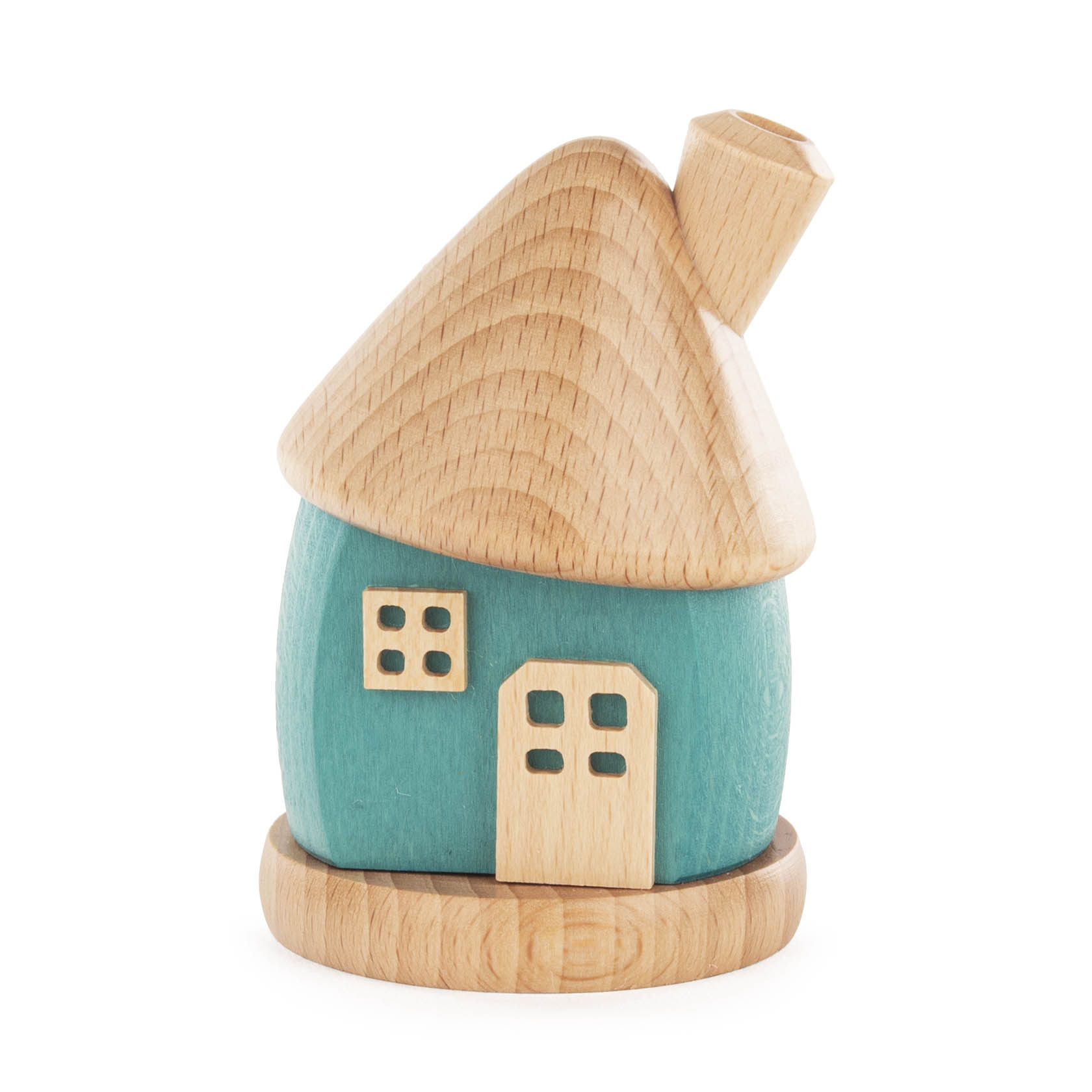 Ein kleines, türkisfarbenes Holzräucherhaus mit einem schrägen, hellbraunen Dach und einem Schornstein, sowie einer Tür und kleinen Fenstern. im Dregeno Online Shop günstig kaufen
