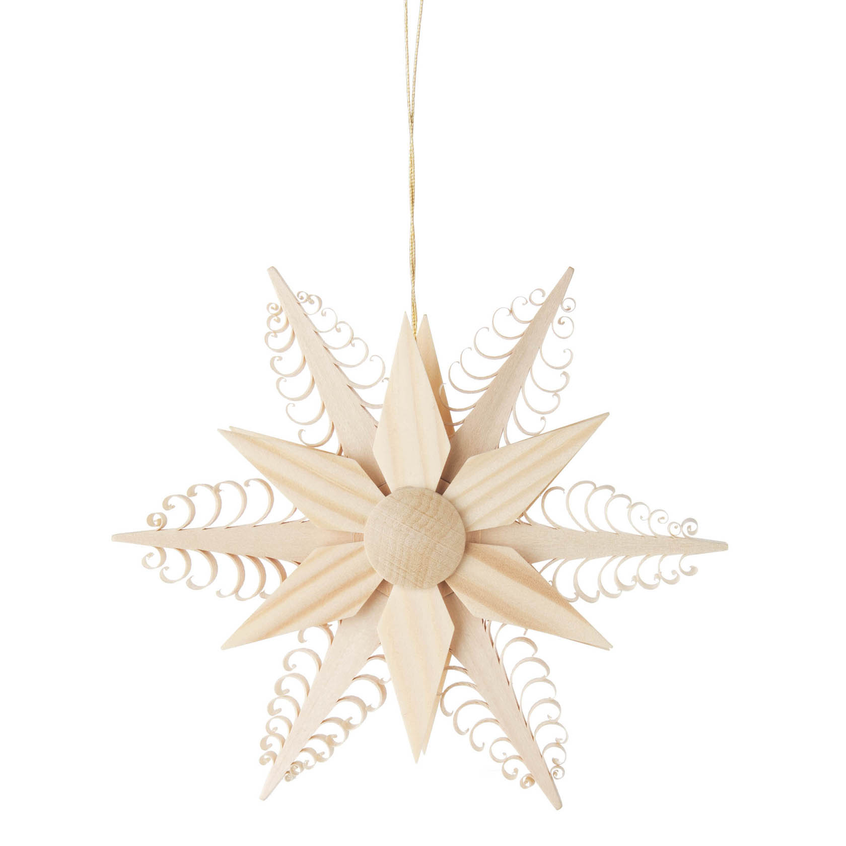 Dekorativer Weihnachtsstern aus Holz mit filigranen Schnitzereien und geschnittenen Kanten, aufgehängt an einer Schnur. im Dregeno Online Shop günstig kaufen