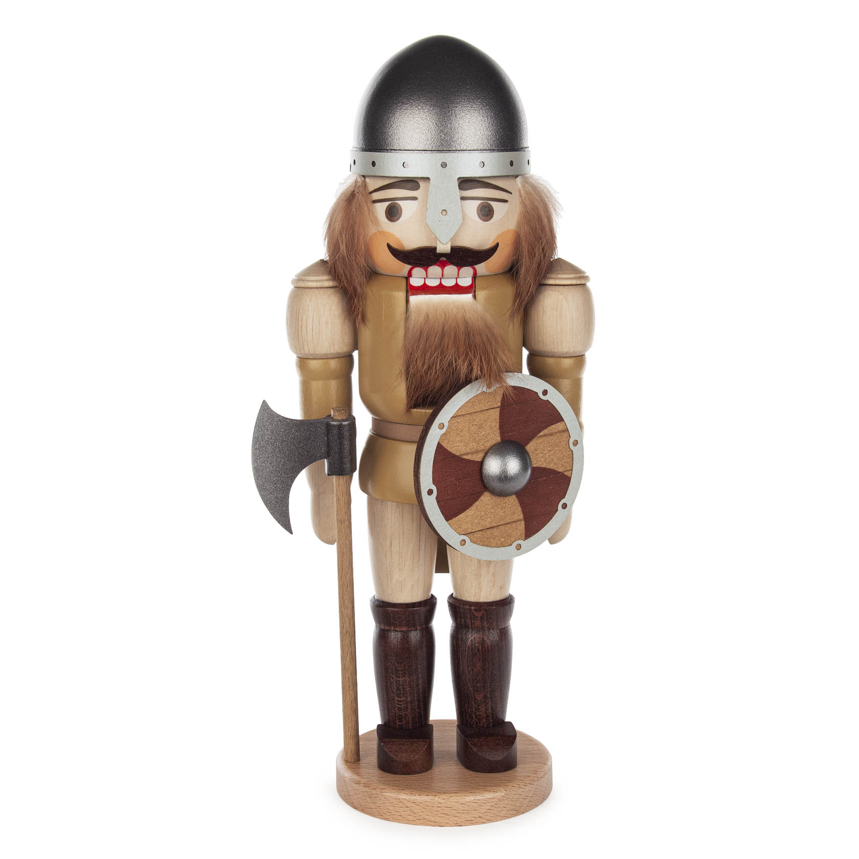 Nussknacker in Wikinger-Gestalt mit Helm, Bart, Streitaxt und Schild. Er trägt einen goldenen Rumpfpanzer und braune Stiefel. Der Gesichtsausdruck ist grimmig. im Dregeno Online Shop günstig kaufen