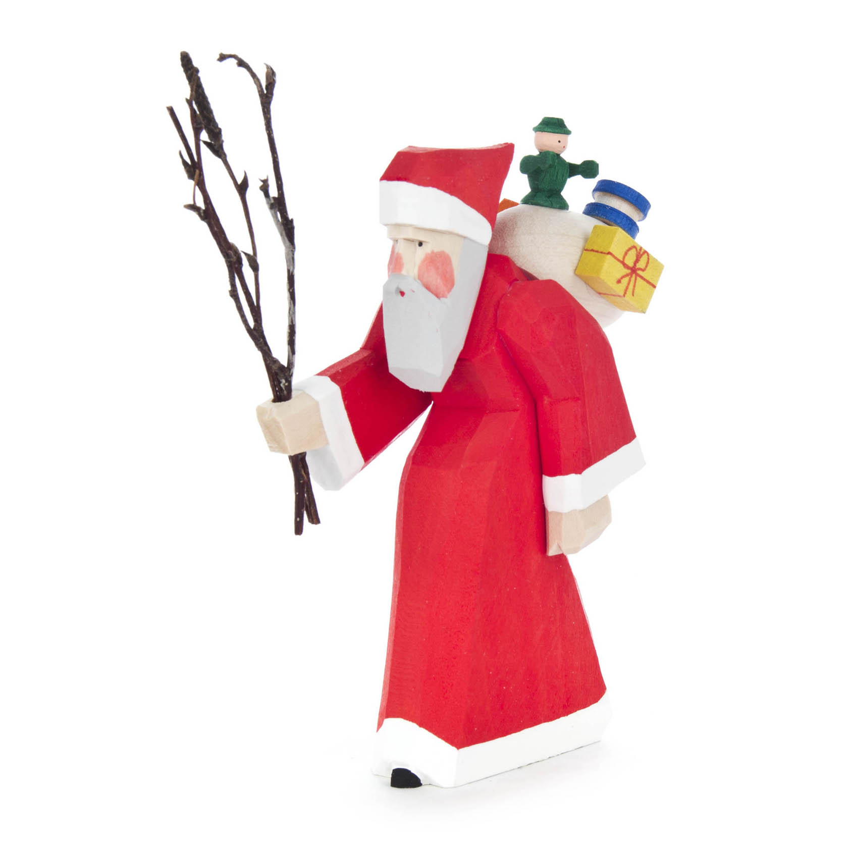 Geschnitzter Weihnachtsmann mit rotem Mantel, Geschenksack und Rute in der Hand. im Dregeno Online Shop günstig kaufen