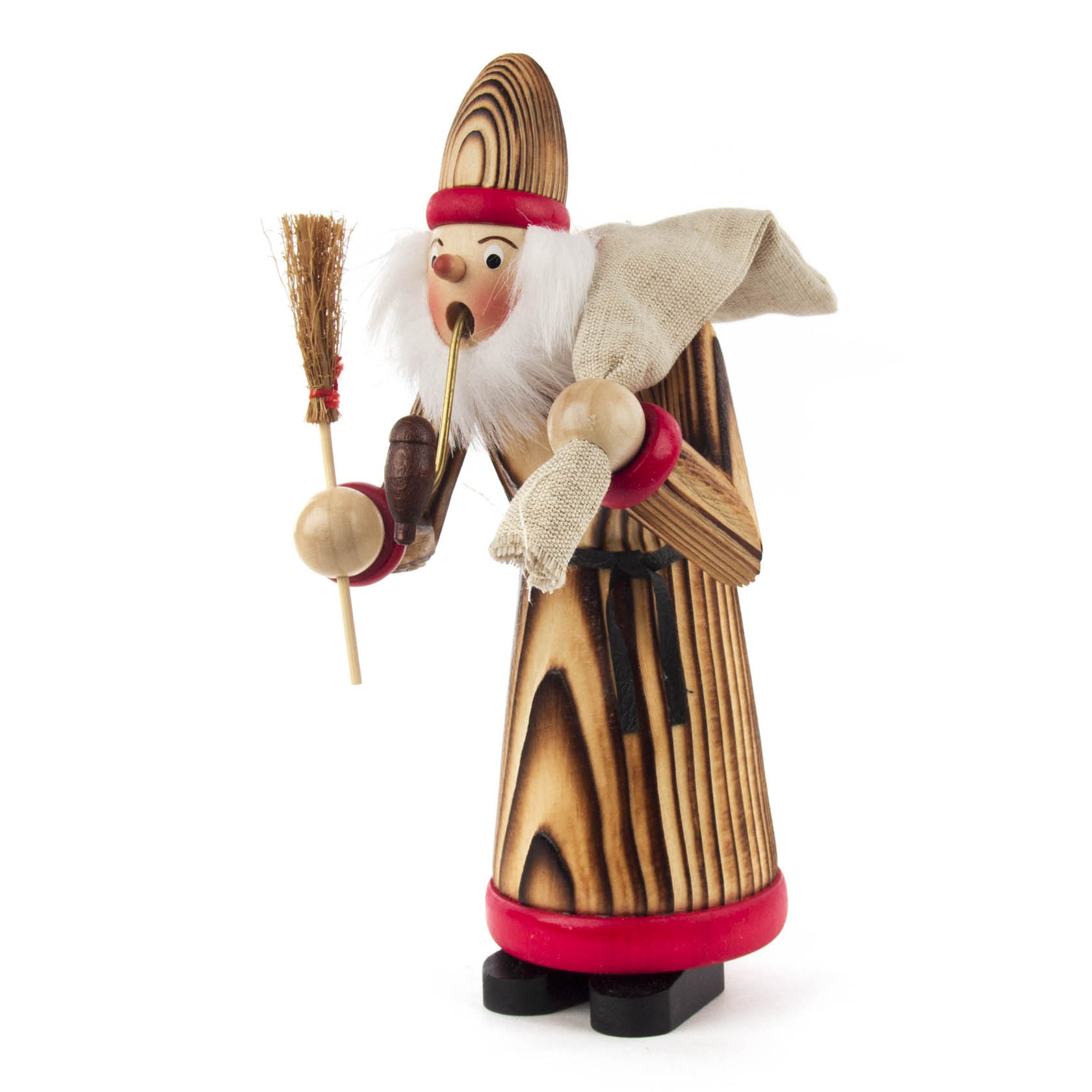 Traditioneller Räuchermann in Form von Ruprecht mit einem Bart, Holzpfeife, Besen und Sandsack, handbemalt und handgefertigt. im Dregeno Online Shop günstig kaufen