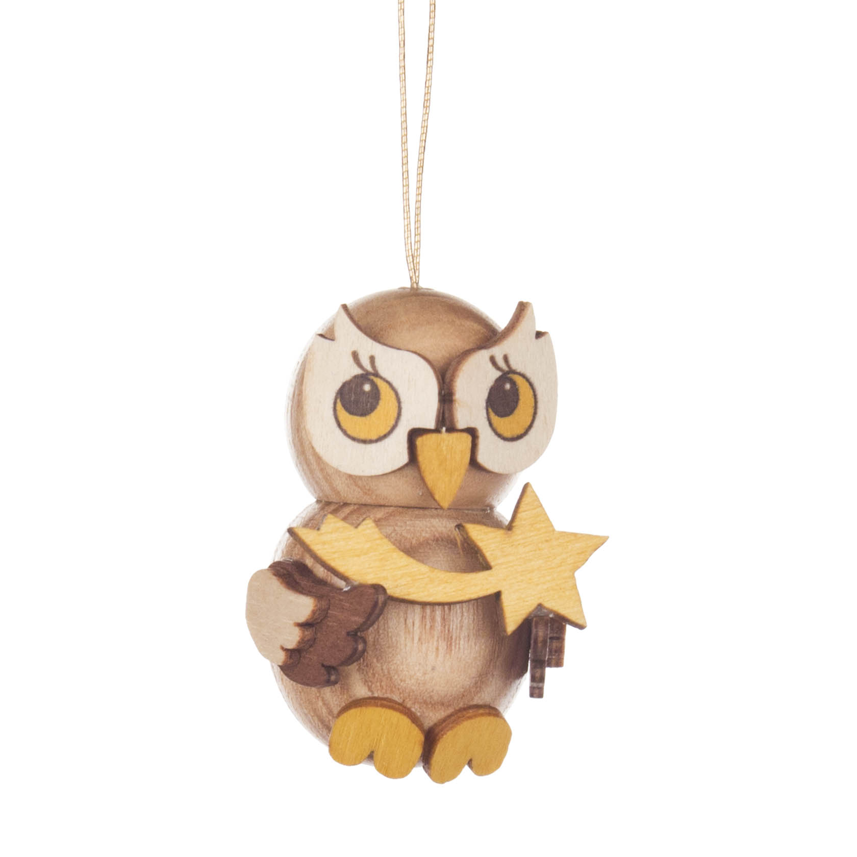 Holzornament einer niedlichen Eule mit großen Augen, die einen gelben Stern hält. Die Eule ist mit einem Faden zum Aufhängen versehen. im Dregeno Online Shop günstig kaufen