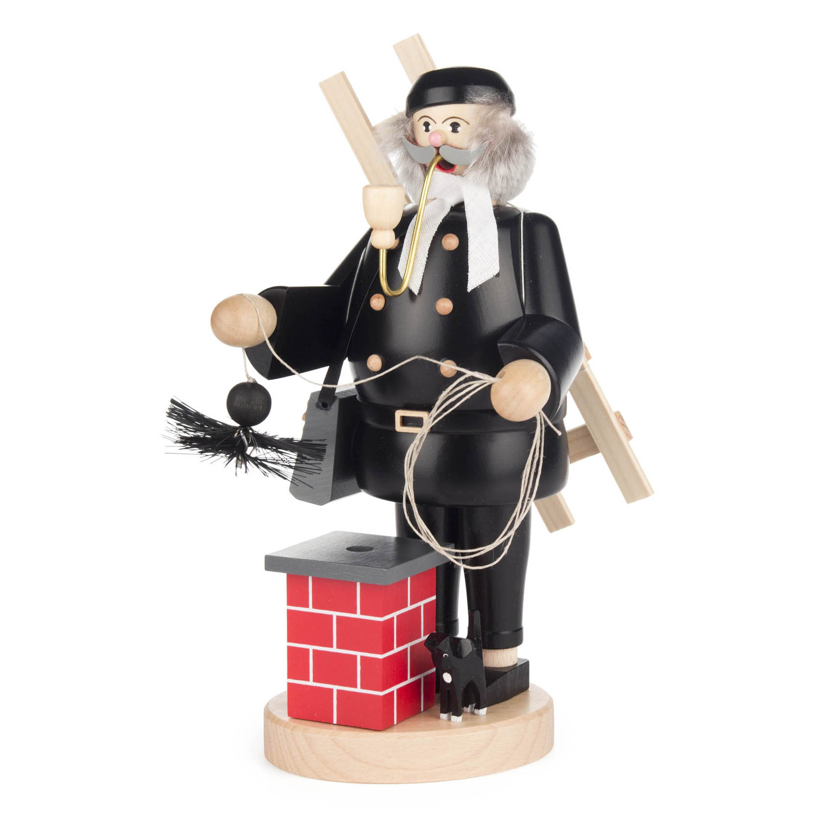 Holzfigur eines Räuchermanns als Schornsteinfeger mit Leiter, Schornsteinbesen und rotem Schornstein. im Dregeno Online Shop günstig kaufen