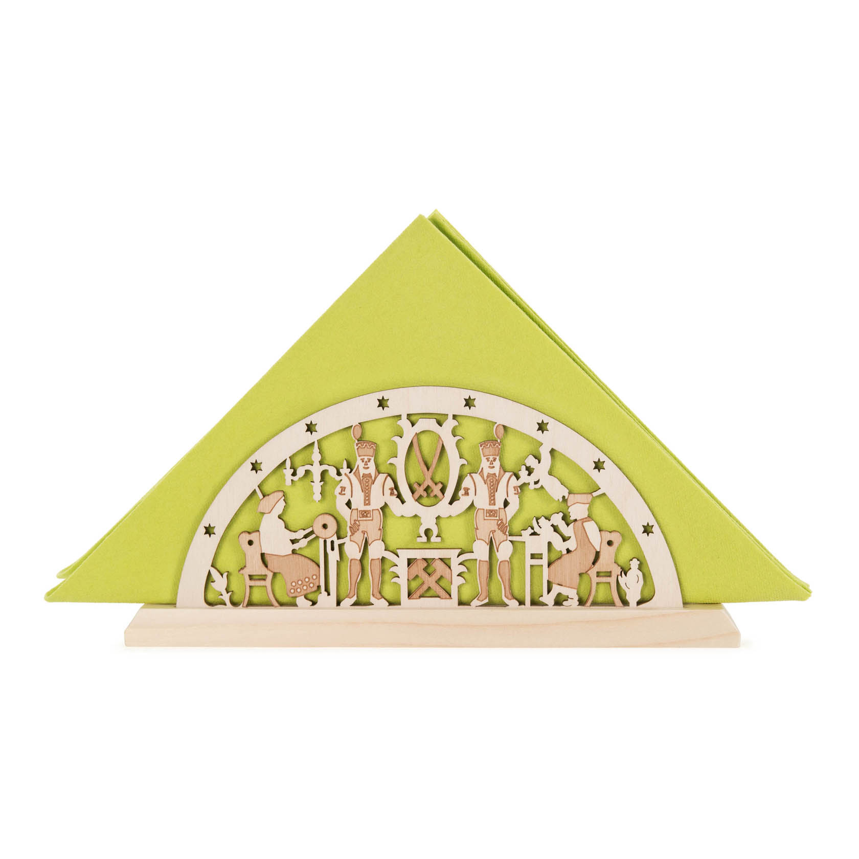 Holz-Serviettenständer in Dreiecksform mit zwei geschnitzten Bergleuten und Bergbau-Motiven, gefüllt mit grünen Servietten.