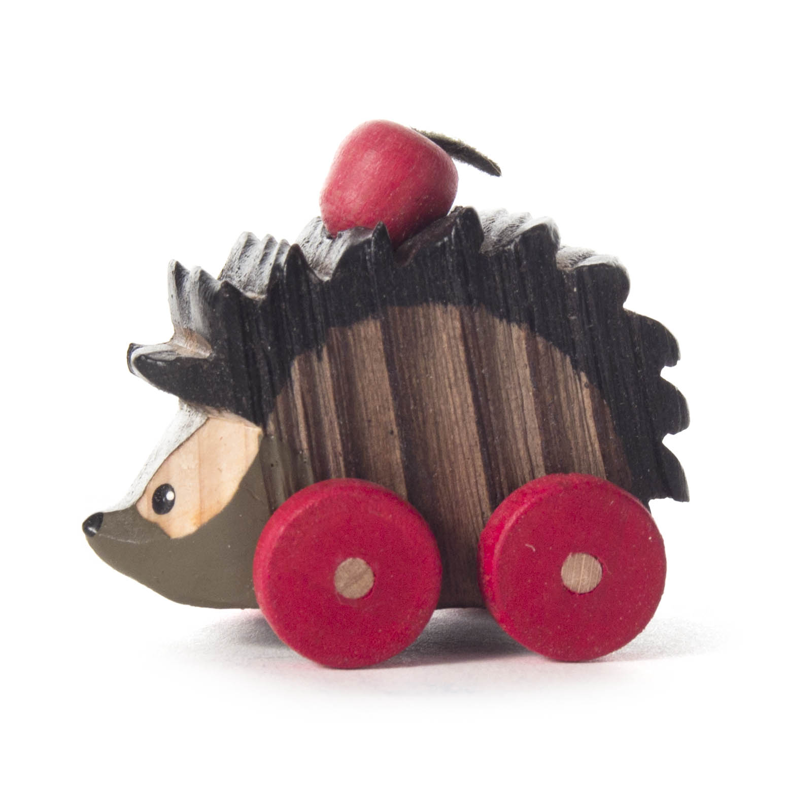 Ein Holzmodell eines Igels mit roten Rädern und einem kleinen roten Apfel auf dem Rücken. im Dregeno Online Shop günstig kaufen