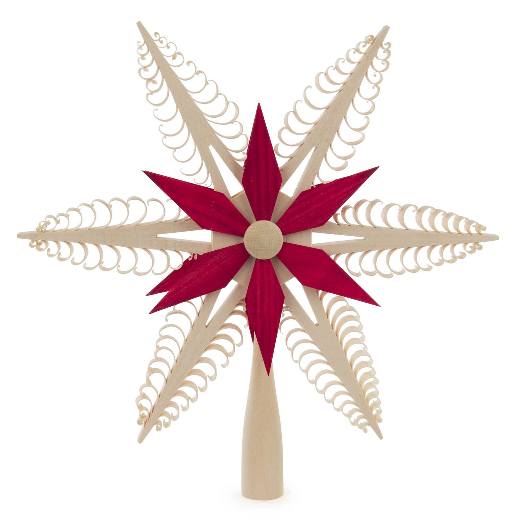 Christbaumspitze in Form eines Spansterns, rot und naturfarben, mit 24 cm Durchmesser. Der Stern hat filigrane Holzverzierungen und ist elegant gestaltet. im Dregeno Online Shop günstig kaufen