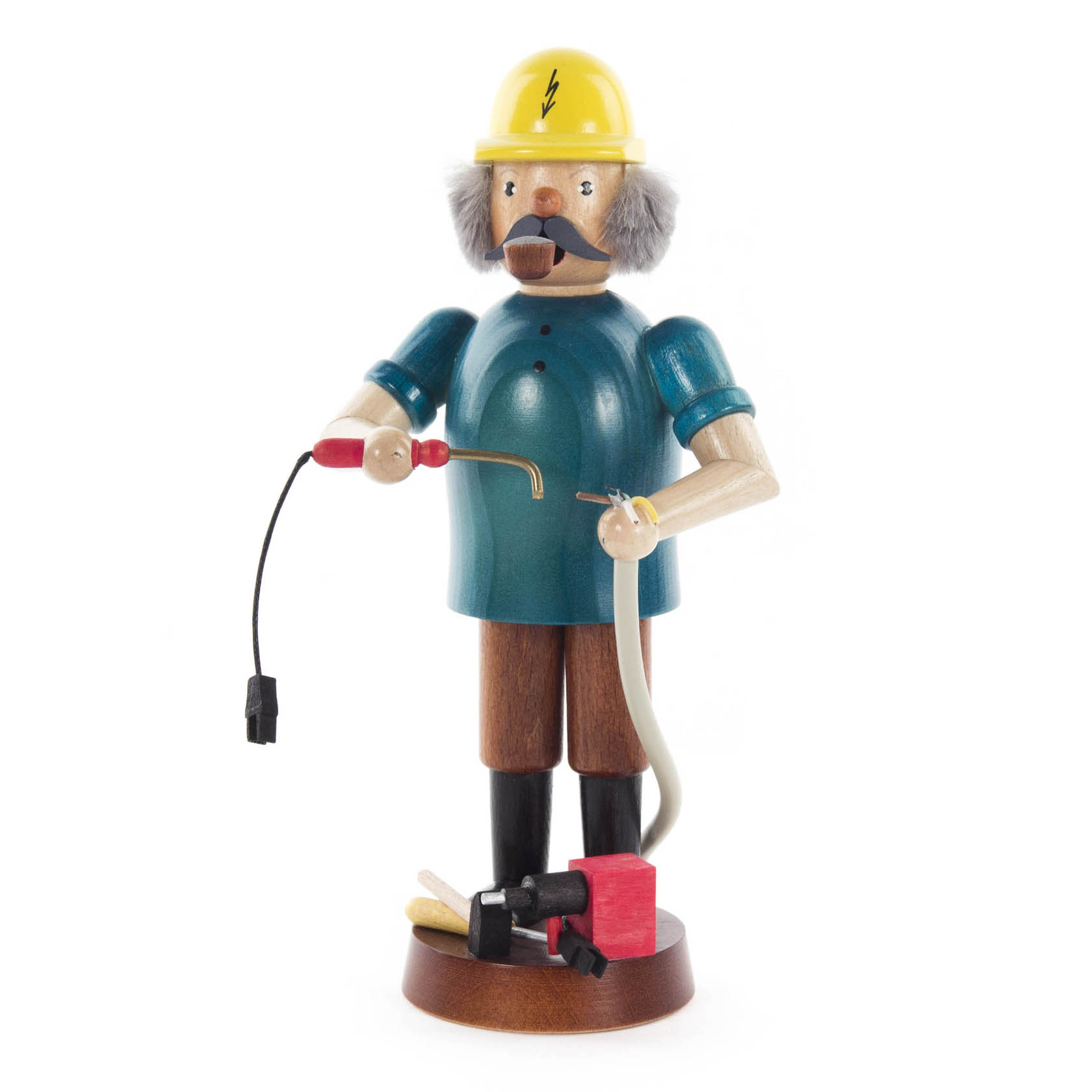 Holzfigur eines Elektrikers als Räuchermann mit gelbem Helm, blauer Jacke und Werkzeug in der Hand, auf einem runden Sockel stehend. im Dregeno Online Shop günstig kaufen