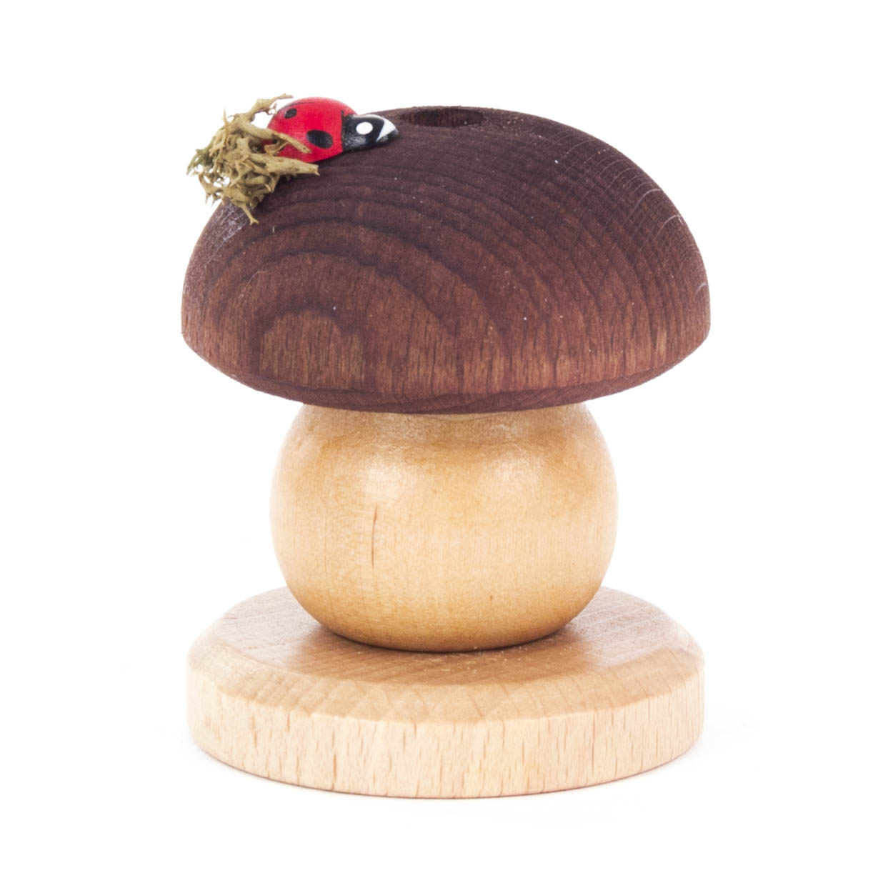 Räucherpilz aus Holz mit dunkler Braunkappe und einem dekorativen Marienkäfer aus Holz darauf. im Dregeno Online Shop günstig kaufen