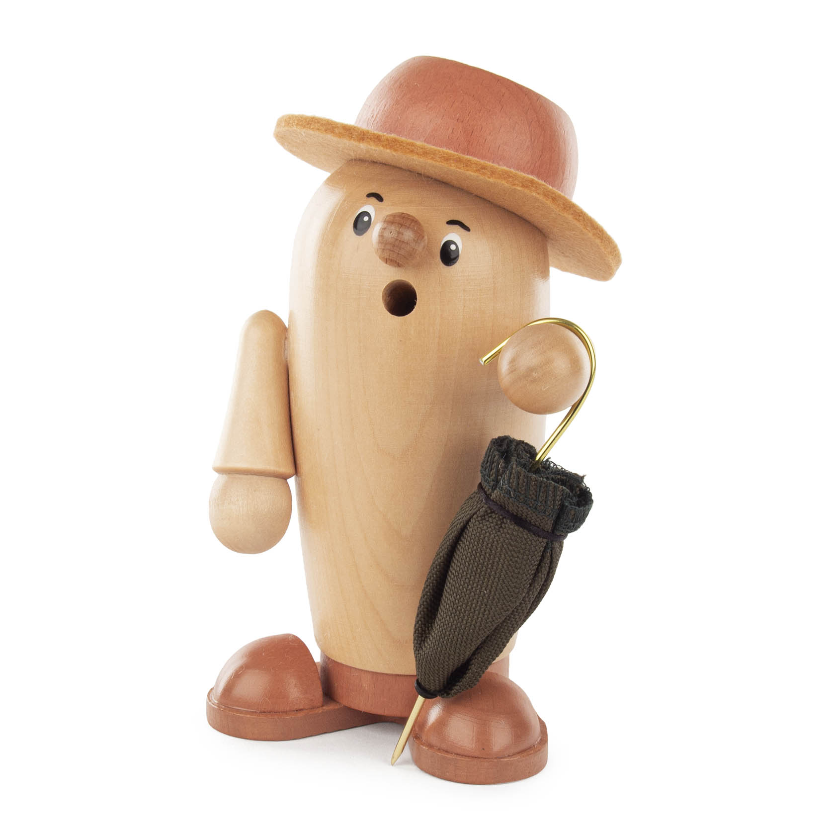 Räucherfigur 'Rudi der Charmeur', aus Holz in natürlichen Brauntönen, mit braunem Hut und einem kleinen Schirm in der Hand. im Dregeno Online Shop günstig kaufen