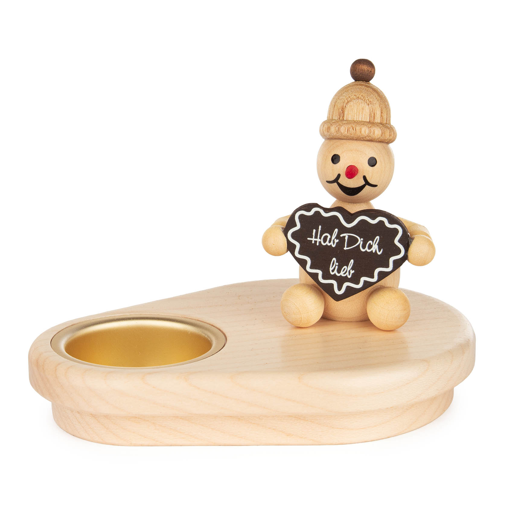 Holzteelichthalter in Herzform mit einem Schneemann, der ein Lebkuchenherz mit der Aufschrift 'Hab Dich lieb' hält. im Dregeno Online Shop günstig kaufen