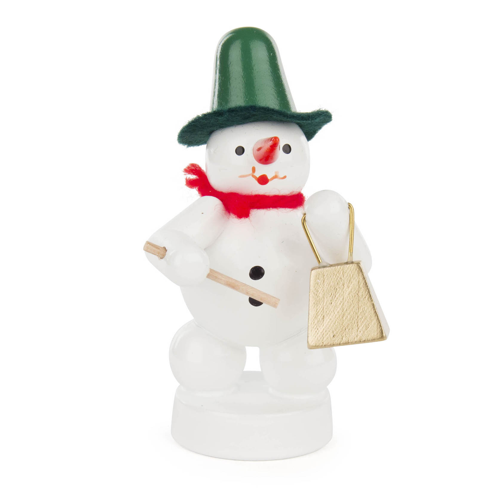 Ein lächelnder Schneemann mit grünem Hut, rotem Schal und Karottennase hält in einer Hand eine Glocke und in der anderen einen Stock. im Dregeno Online Shop günstig kaufen