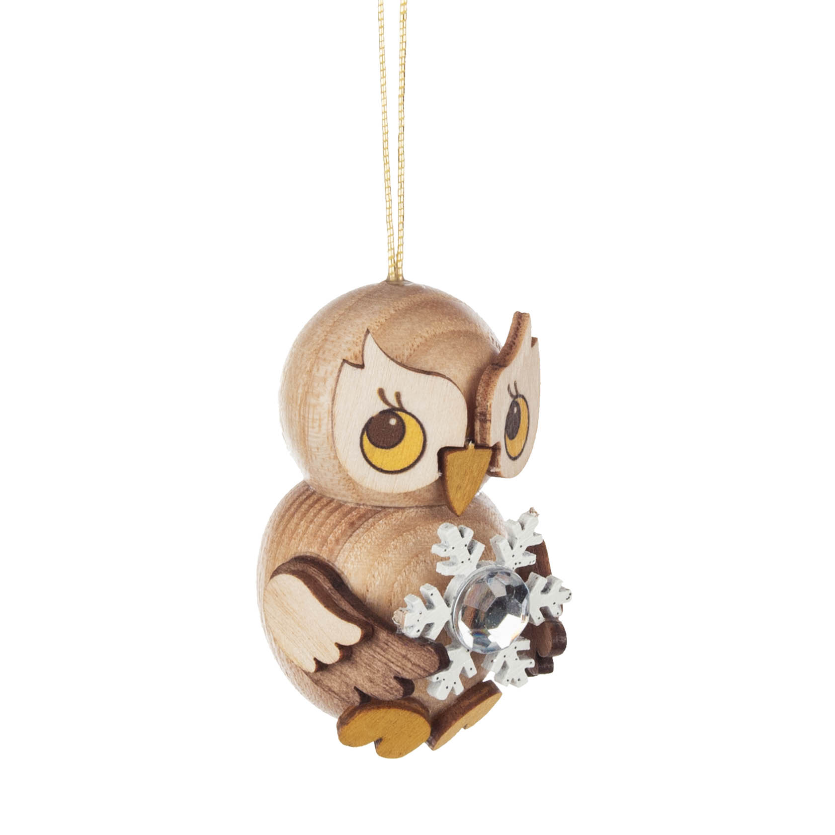 Holzfigur einer Eule mit großen Augen und einem Schneeflocken-Anhänger, der an einem dünnen Faden hängt. im Dregeno Online Shop günstig kaufen