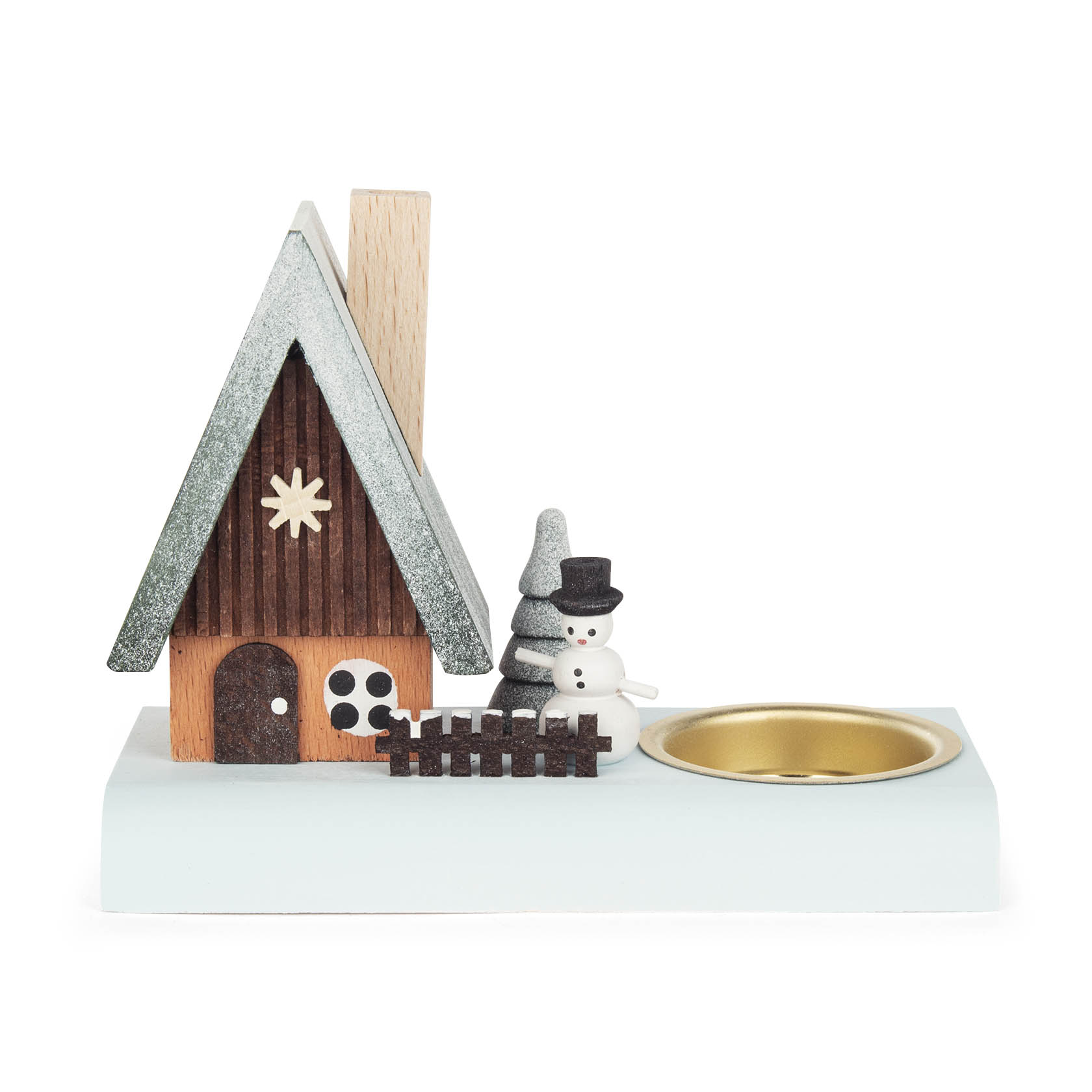 Kleines Holz-Räucherhaus mit grünem Dach und Schornstein, daneben ein Teelichthalter, ein Schneemann und ein Tannenbaum. im Dregeno Online Shop günstig kaufen