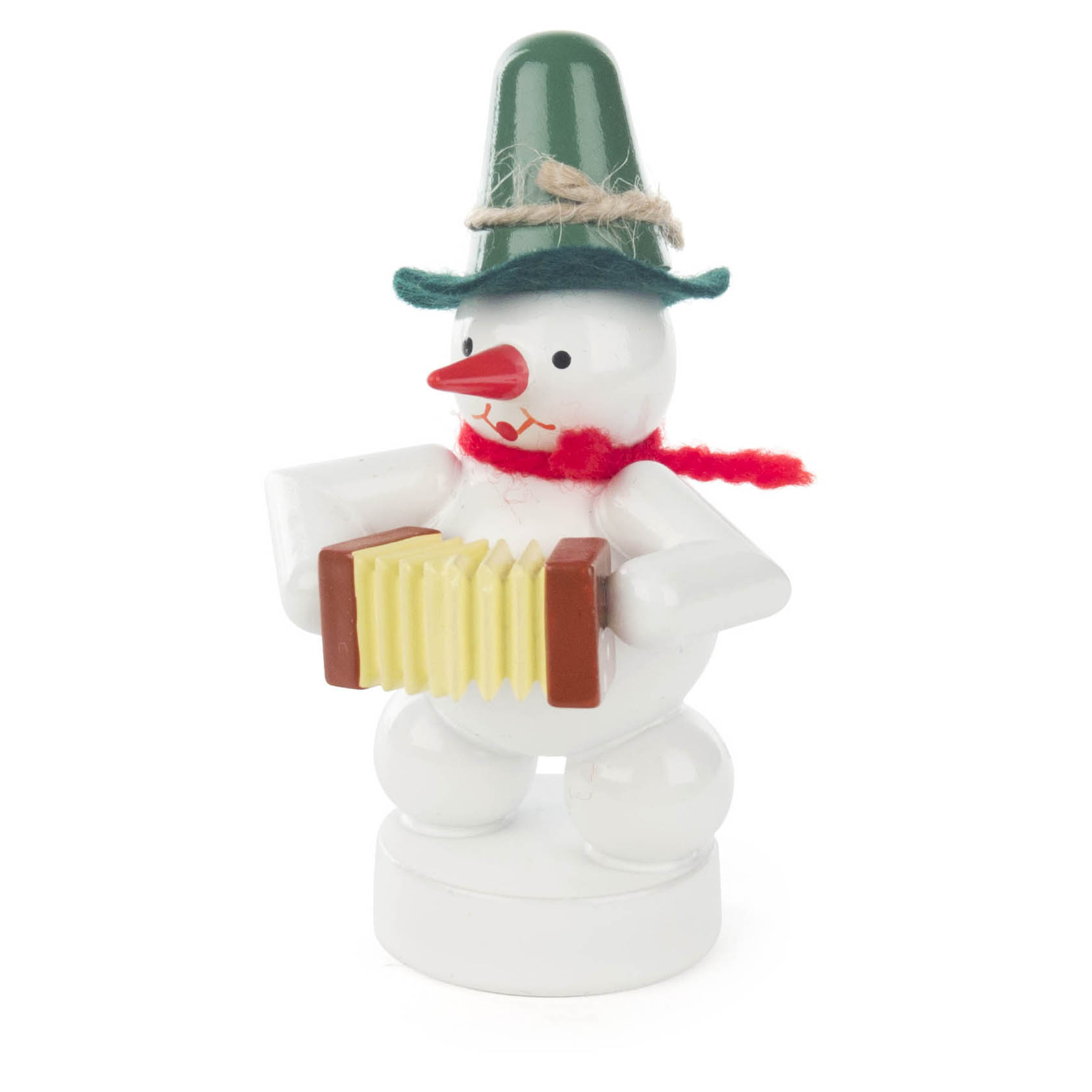 Ein kleiner weißer Schneemann mit einem roten Schal und einer grünen Mütze hält eine gelbe Konzertina in seinen Händen. im Dregeno Online Shop günstig kaufen