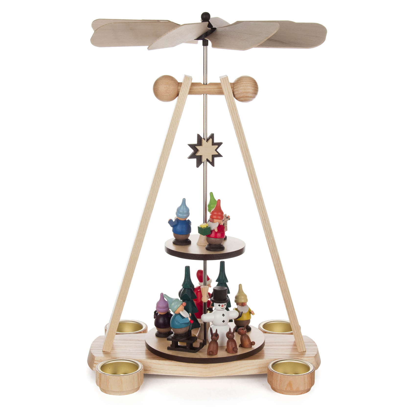 Zweistufige Holzpyramide mit sechs bunten Zwergenfiguren und einem Schneemann, für Teelichter geeignet.