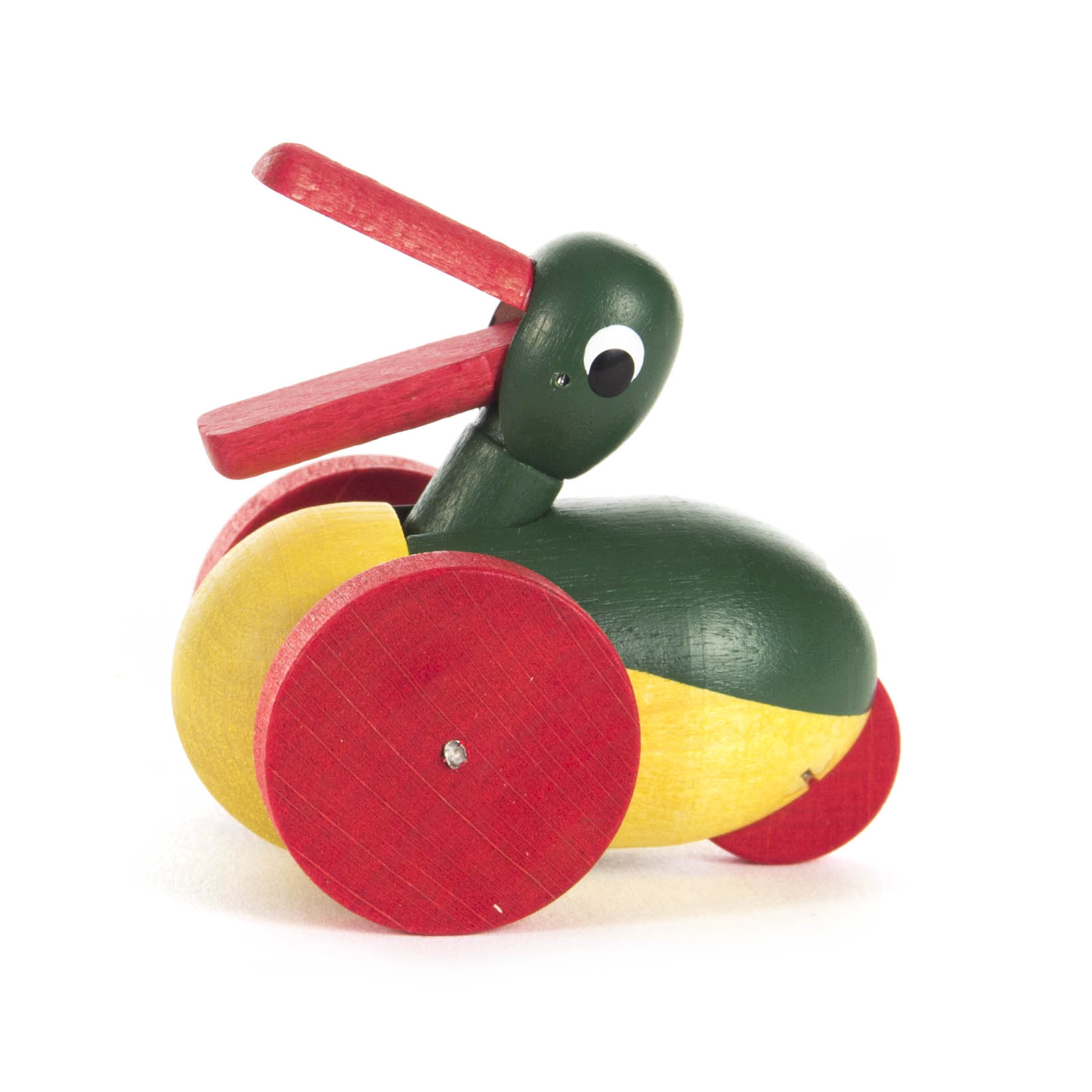 Bunte Wackelente aus Holz mit roten Rädern, grünem Kopf und gelbem Körper. Der Schnabel ist rot und geöffnet. im Dregeno Online Shop günstig kaufen
