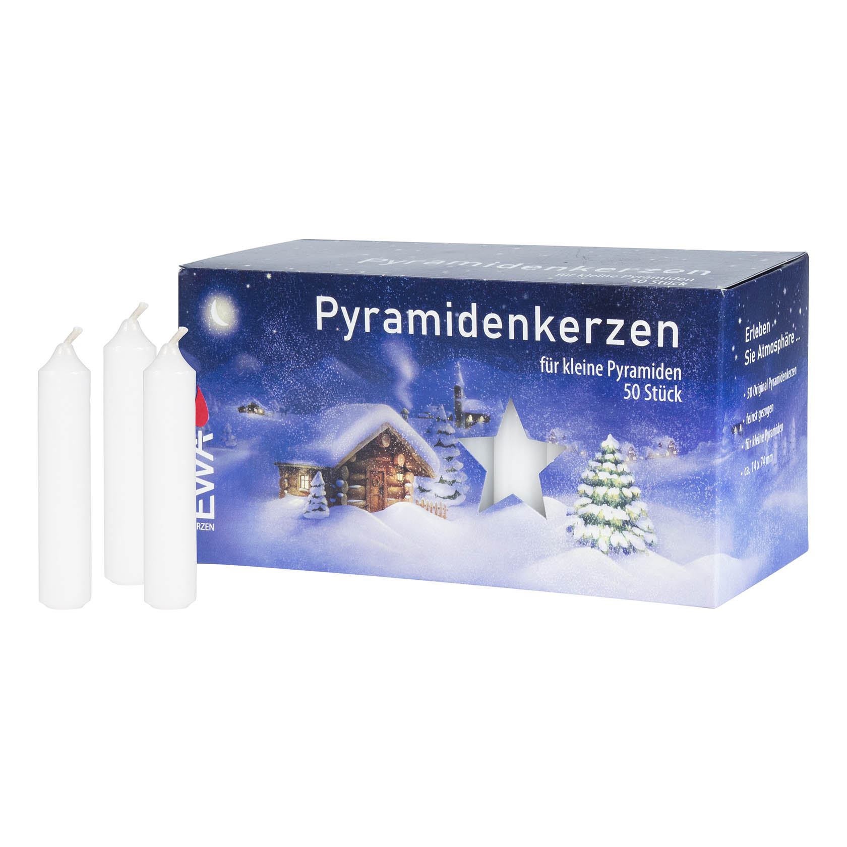 Verpackung von weißen Pyramidenkerzen mit zwei Kerzen davor. Die Verpackung hat winterliches Design mit Haus und Bäumen. im Dregeno Online Shop günstig kaufen