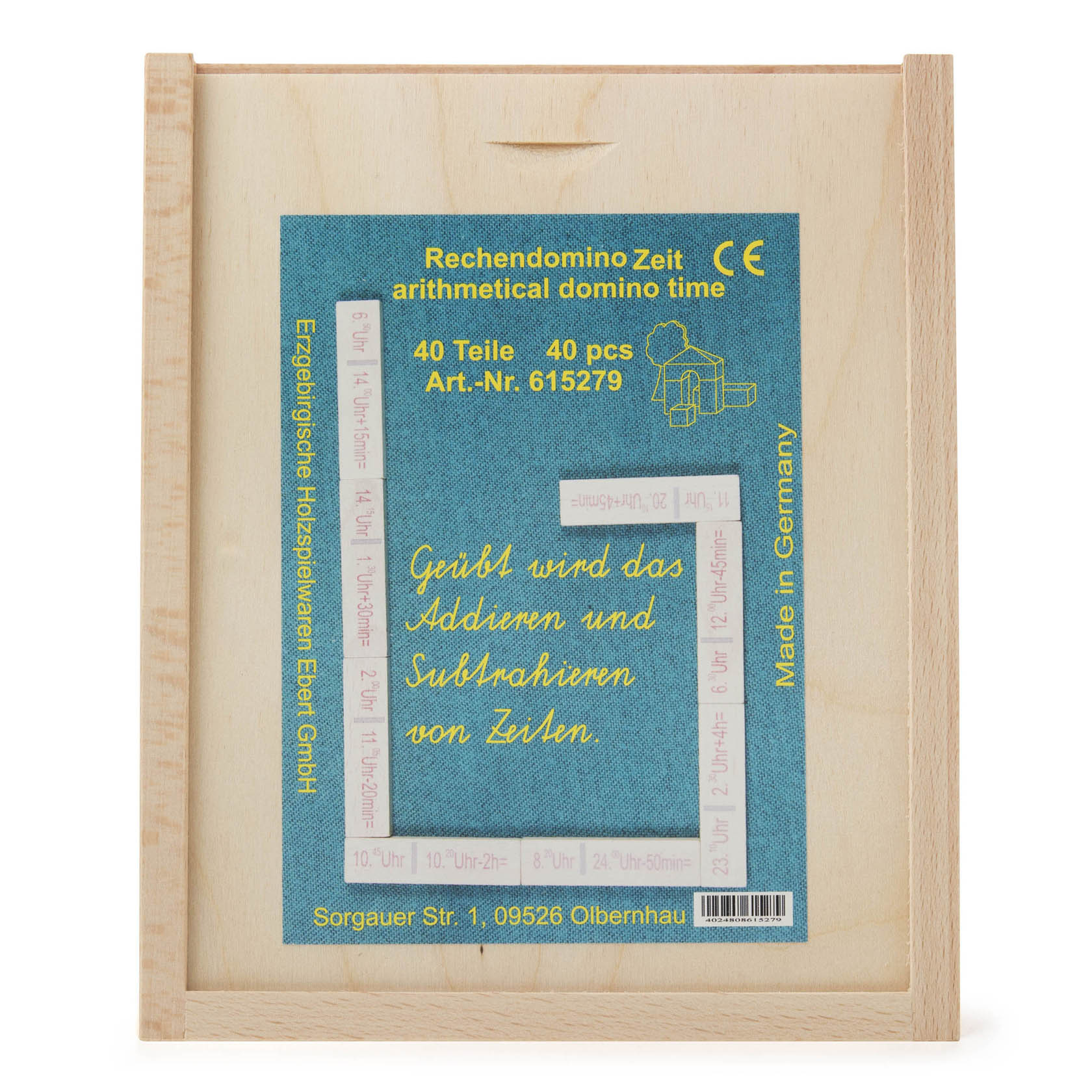 Ein Rechendomino-Set namens 'Rechendomino Zeit', bestehend aus 40 Teilen, mit Verpackung aus Holz. Aufschrift auf der Rückseite informiert über Addition und Subtraktion.