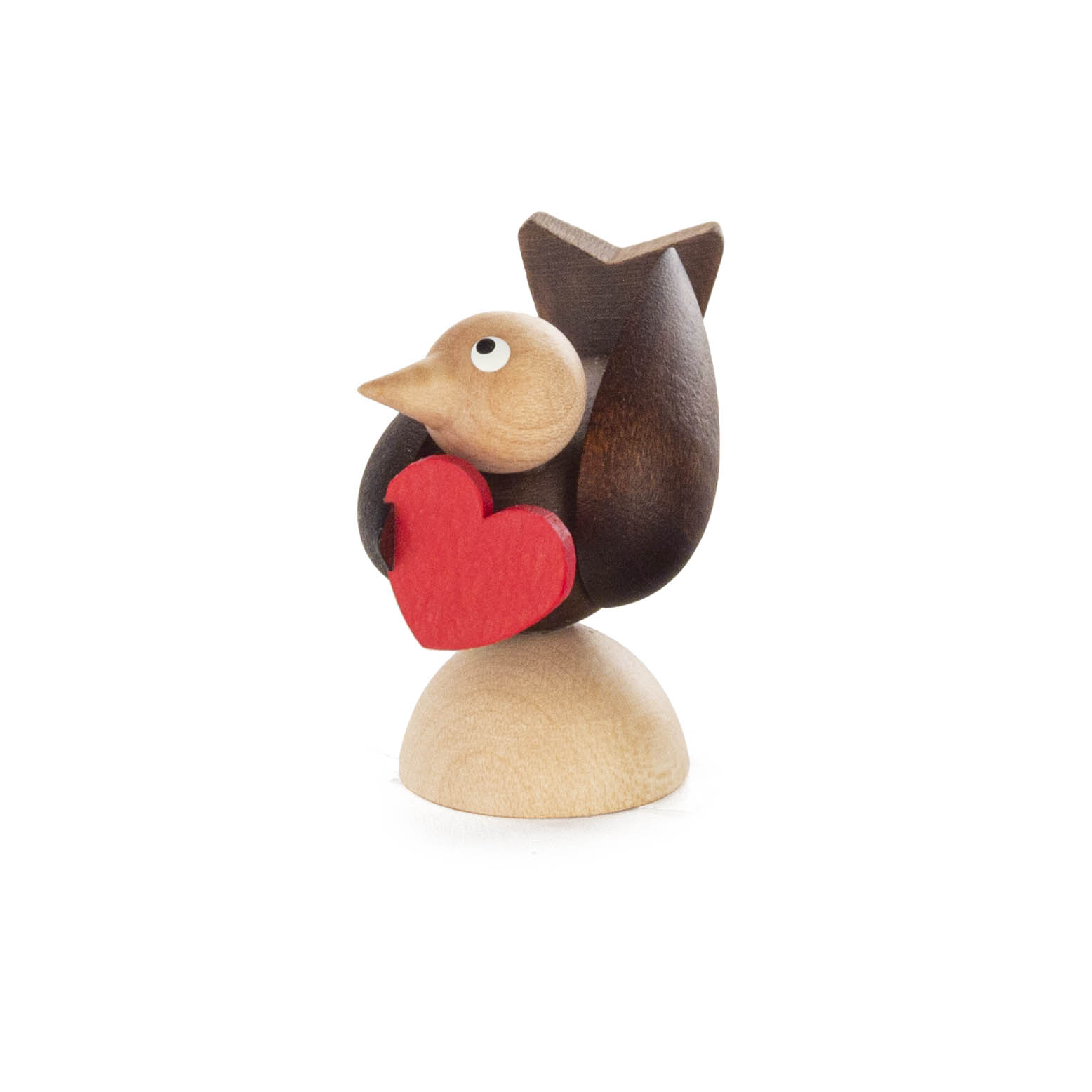 Holzfigur eines Vogels, der ein rotes Herz hält. Der Vogel hat einen braunen Körper, einen hellen Schnabel und sitzt auf einer runden Basis. im Dregeno Online Shop günstig kaufen