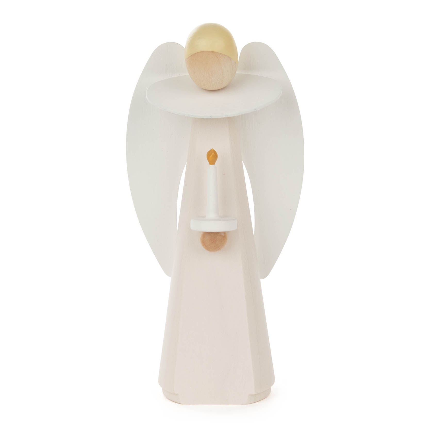 A white wooden angel figurine holding a small candle. The angel has a spherical golden head and large white wings, measuring 11 cm in height. im Dregeno Online Shop günstig kaufen