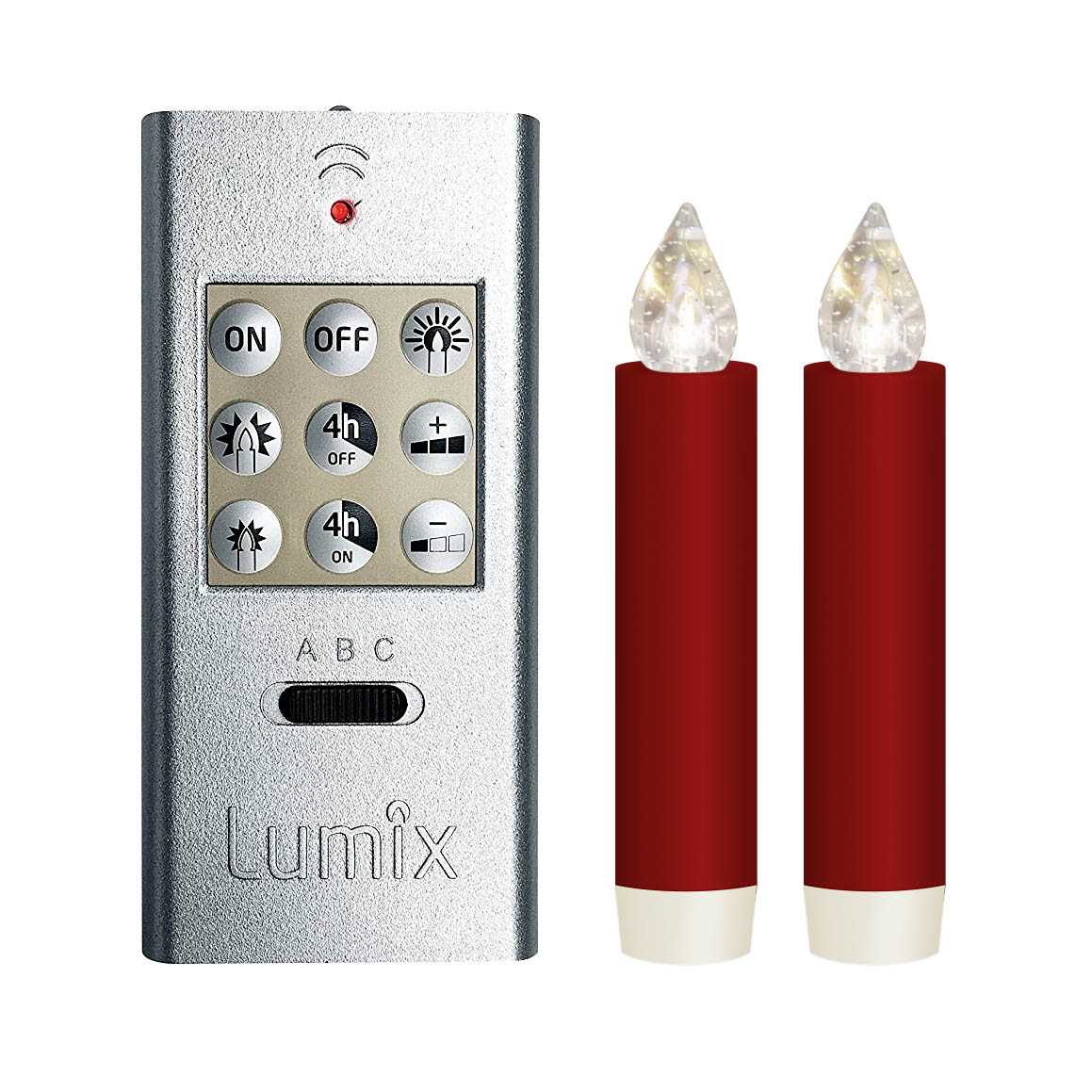Zwei rote, kerzenförmige LED-Leuchten und eine Fernbedienung mit der Aufschrift 'Lumix', darauf verschiedene Knöpfe zur Steuerung der Leuchten.