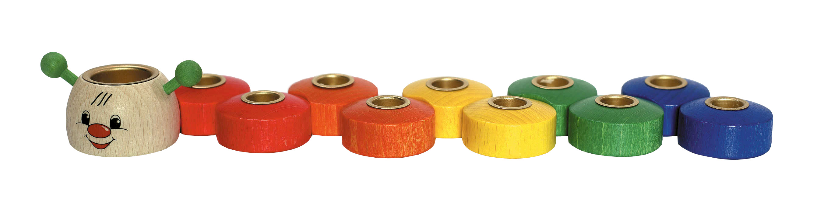 Bunte Holzraupe als Geburtstagsleuchter mit lachendem Gesicht vorne und zehn farbigen Elementen dahinter, jedes mit einer Öffnung für eine Kerze. im Dregeno Online Shop günstig kaufen