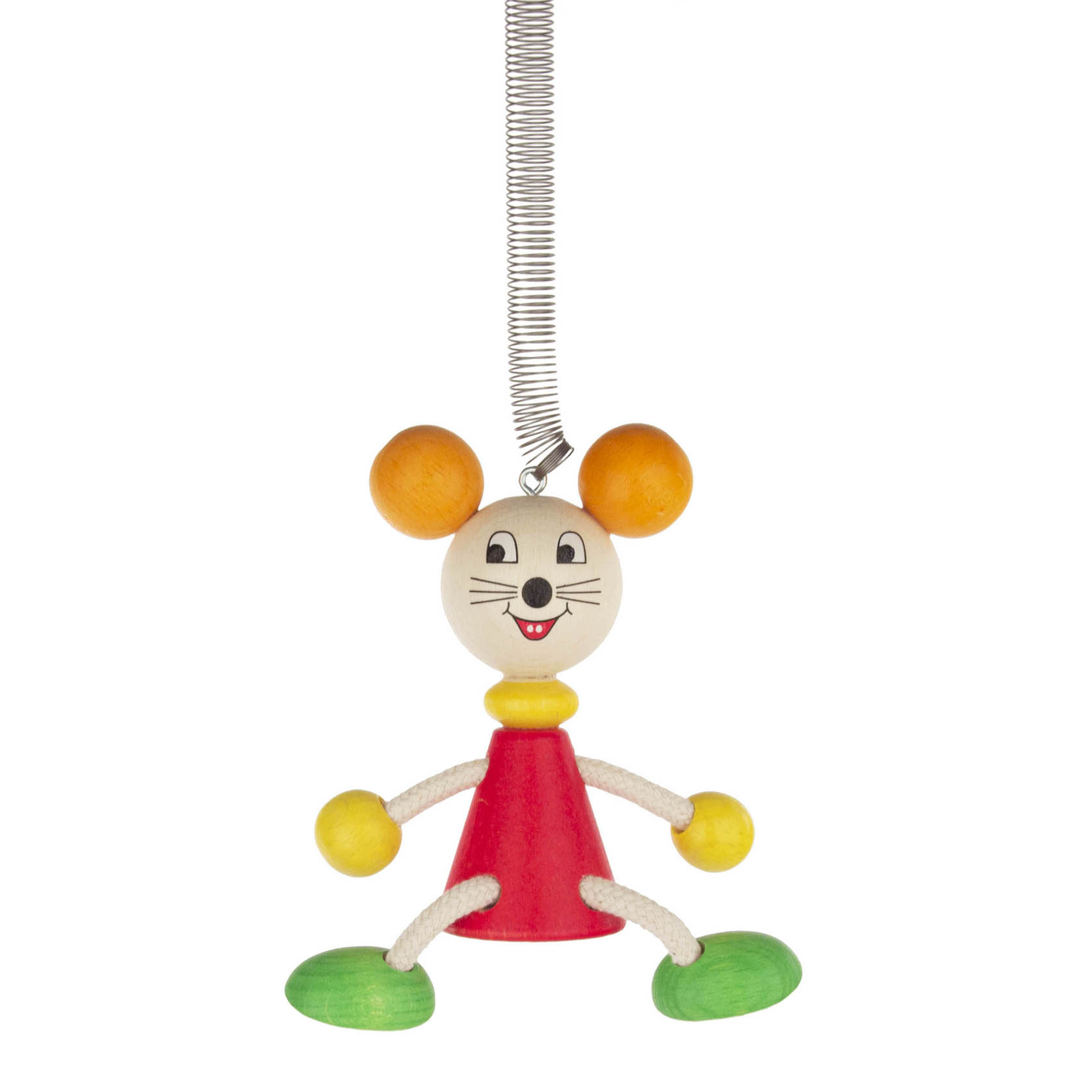 Bunte Holzfigur einer Maus mit großen Ohren, gelbem Kopf, rotem Körper und grüner Schuhe, hängend an einer Spiralfeder. im Dregeno Online Shop günstig kaufen