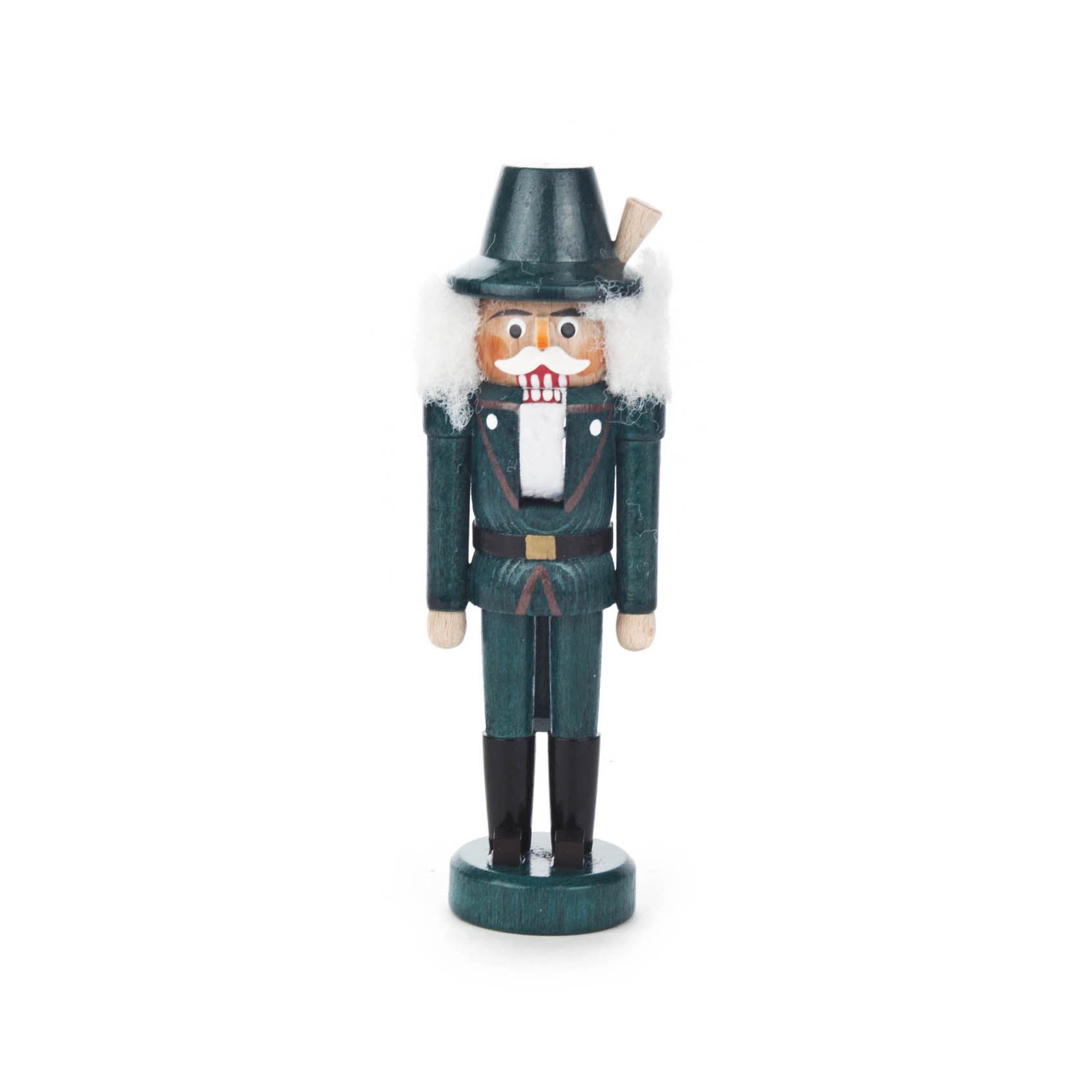 Ein grüner Nussknacker in Jägeruniform mit pelzbesetztem Hut und weißem Bart, 13 cm hoch. im Dregeno Online Shop günstig kaufen