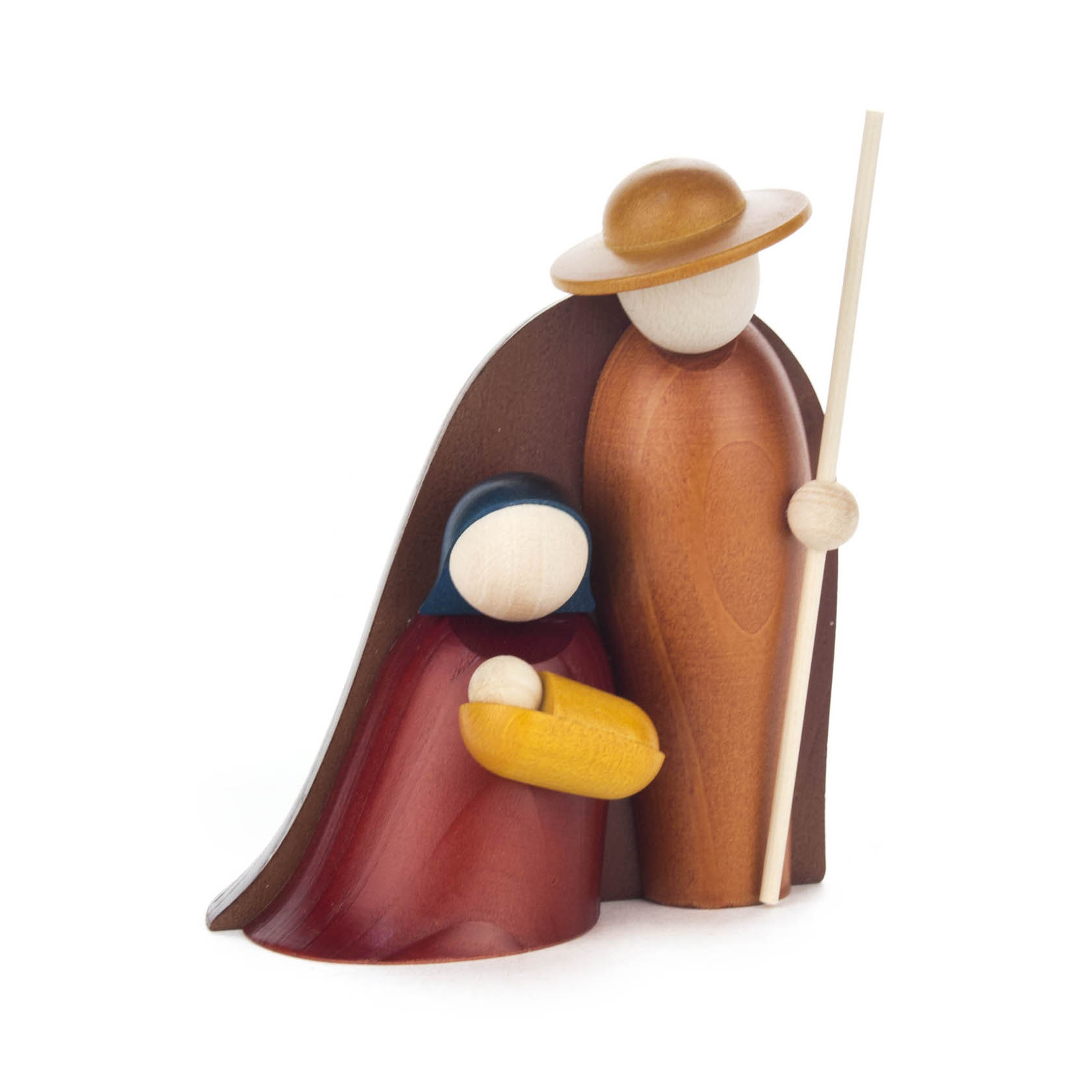 Holzfigur zeigt stehende Person mit Hut und Stock, daneben kniende Person mit Kopftuch, die Baby in gelber Krippe hält. im Dregeno Online Shop günstig kaufen