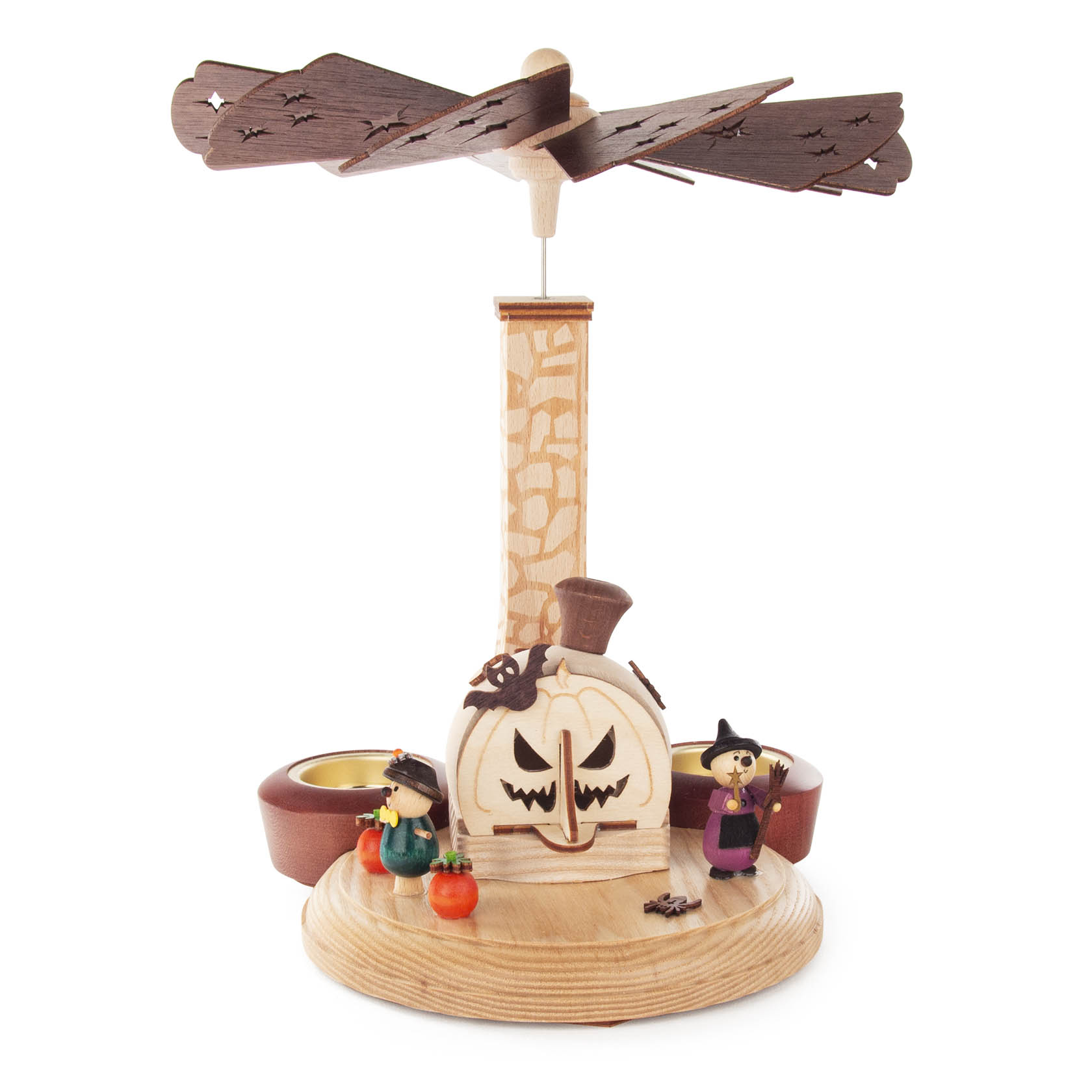 Handgefertigte Räucherpyramide in Form eines Kürbishauses mit Hexenfiguren und Platz für Teelichte. Der Flügelantrieb oben ist mit Fledermäusen verziert. im Dregeno Online Shop günstig kaufen
