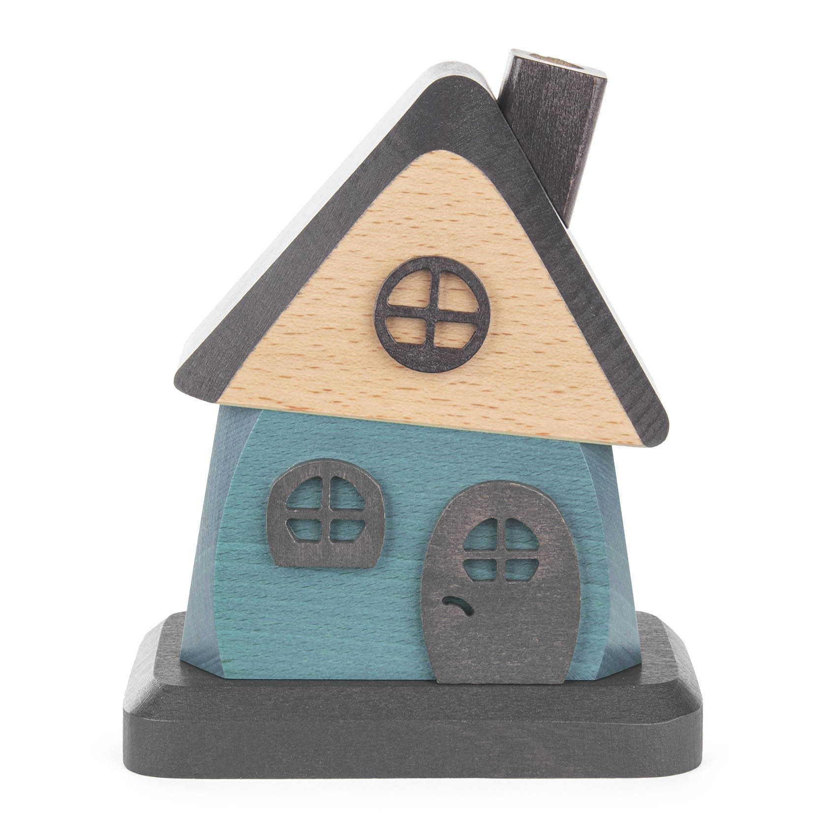 Ein großes, blau-graues Räucherhaus aus Holz mit einem Schornstein, rundem Fenster im Dach und zwei Fenstern neben einer Tür auf der Vorderseite. im Dregeno Online Shop günstig kaufen