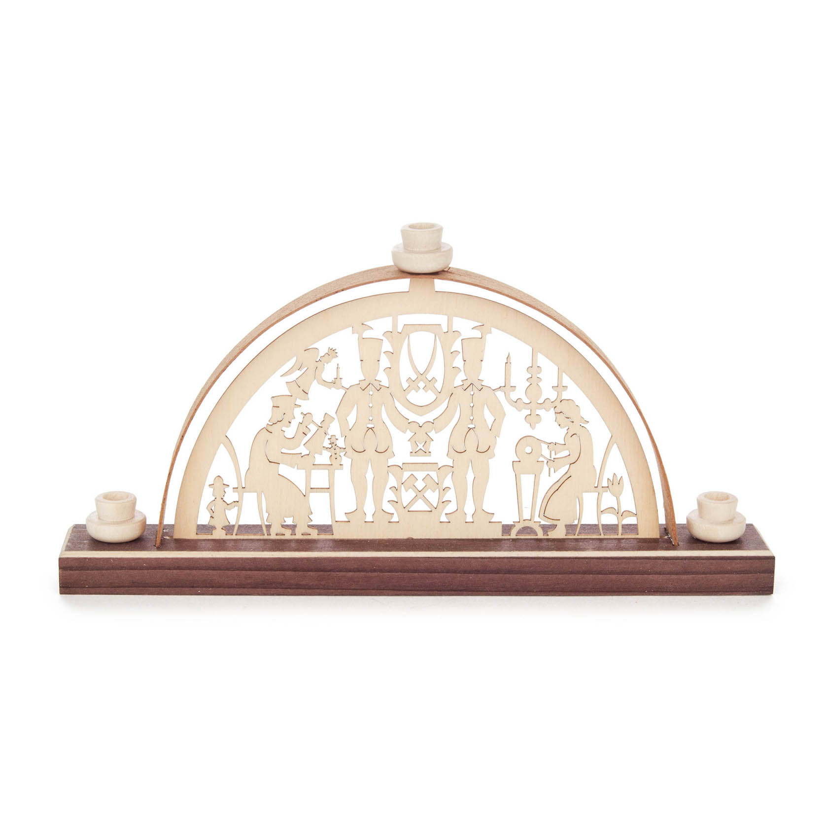 Mini Schwibbogen aus Holz mit Motiv aus dem Erzgebirge, zeigt traditionelle Figuren wie Bergmann, Engel und Lichter, auf einem Holzsockel montiert. im Dregeno Online Shop günstig kaufen