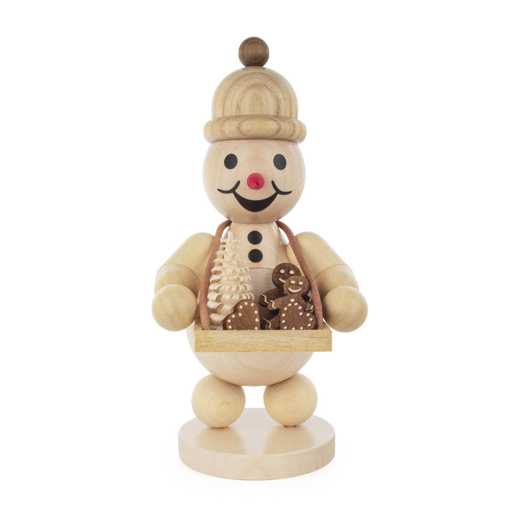 Holzfigur eines Schneemanns mit roter Nase und lächelndem Gesicht, der einen Bauchladen mit Miniaturen eines Weihnachtsbaums und Lebkuchenmannes trägt. im Dregeno Online Shop günstig kaufen