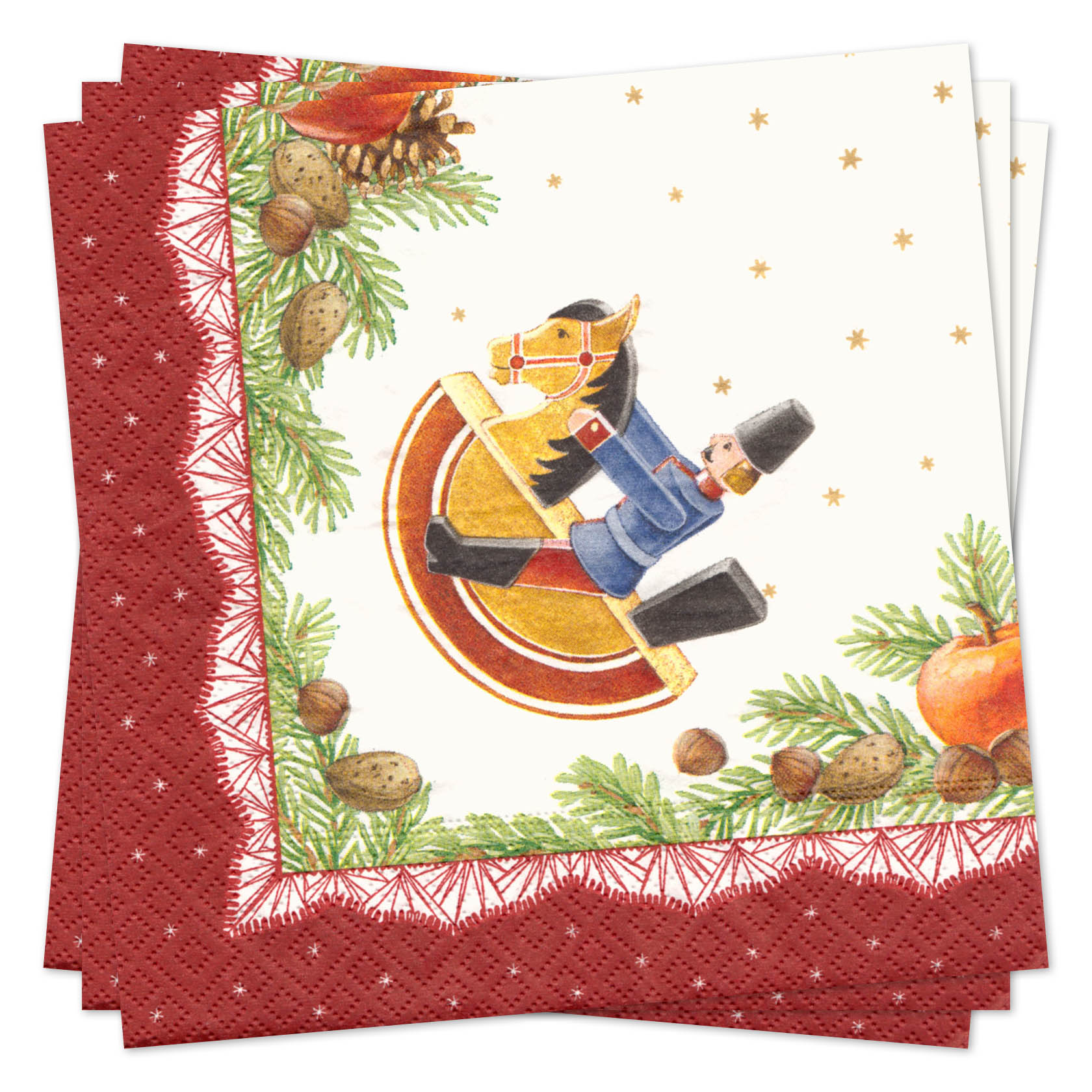 Weihnachtliche Serviette mit einem Reiter auf einem Schaukelpferd, umgeben von Tannenzweigen, Zapfen und weihnachtlicher Dekoration. im Dregeno Online Shop günstig kaufen