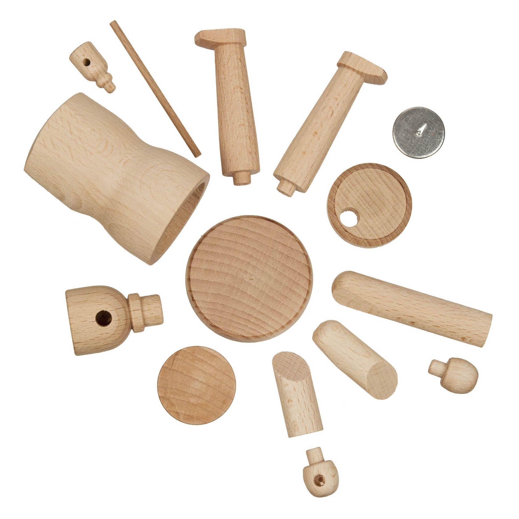 Ein Bastelset für ein Räuchermännchen in Form eines Husaren, bestehend aus diversen Holzteilen wie Kopf, Torso und Rundbasis.
