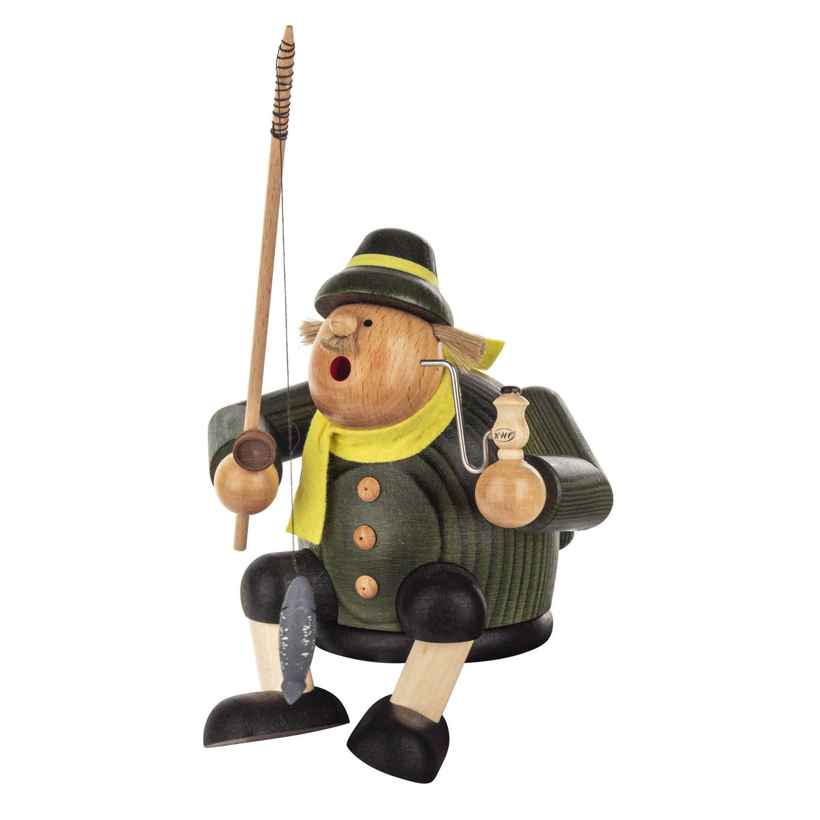 Holzfigur eines Räuchermanns in Form eines Anglers, der eine Angelrute und einen Fisch hält und pfeifenförmigen Rauch durch den Mund ausstößt. im Dregeno Online Shop günstig kaufen
