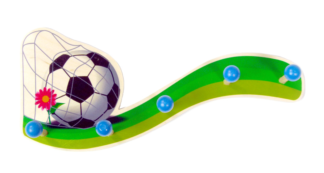 Eine Garderobe mit einem Fußball im Netz auf der linken Seite und fünf blauen Haken auf einer geschwungenen grünen Schiene. im Dregeno Online Shop günstig kaufen
