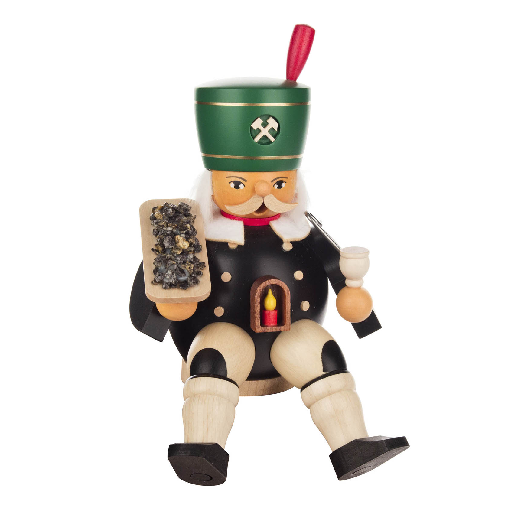 Ein sitzender Räuchermann in Bergmannsuniform mit grünem Helm, Halten einer gefüllten Schale in einer Hand und einer Pfeife in der anderen. im Dregeno Online Shop günstig kaufen