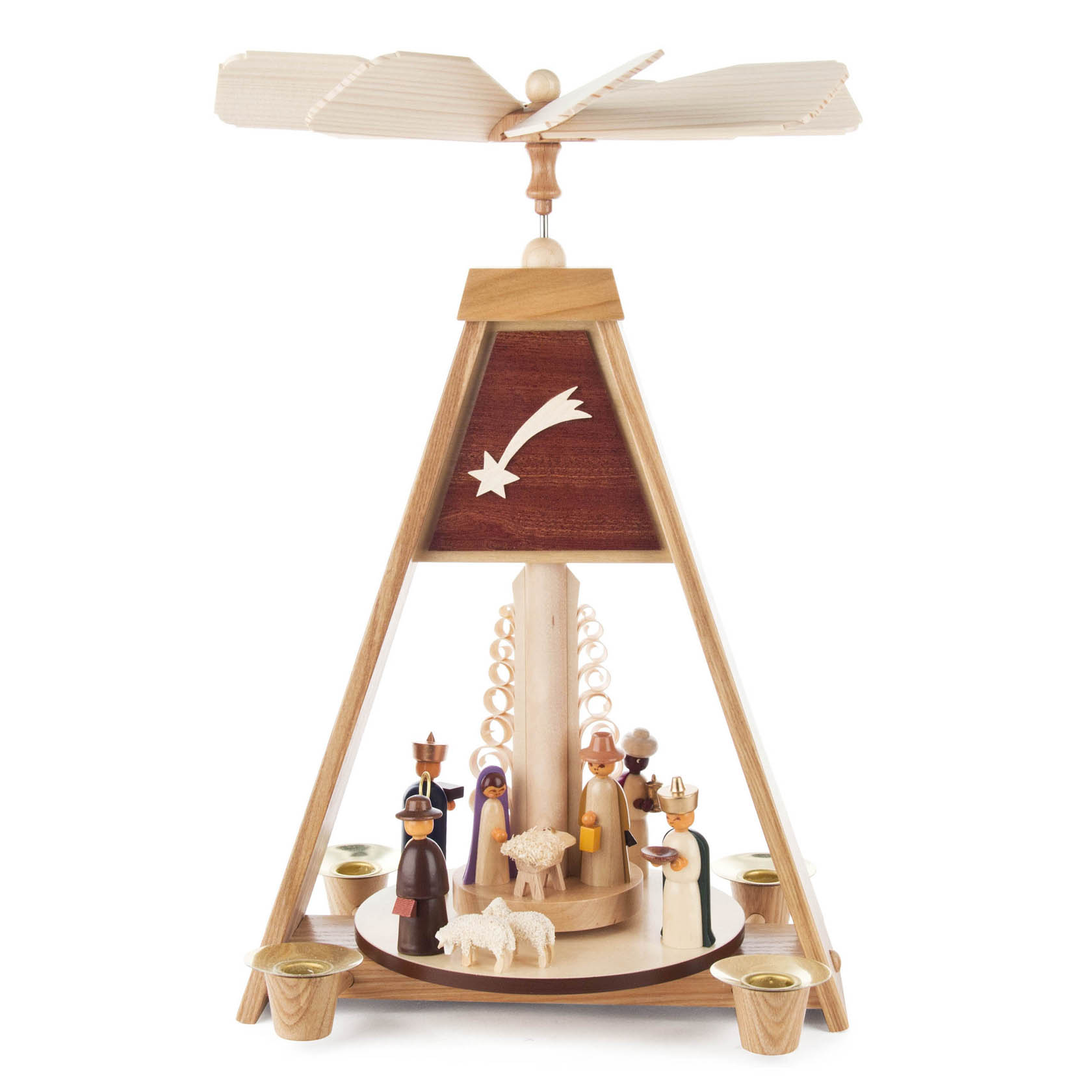 Weihnachtspyramide mit farbigen Holzfiguren der Geburt Christi, darunter Maria, Josef, das Jesuskind, Heiligen Drei Könige und ein Engel. Für Kerzen geeignet. im Dregeno Online Shop günstig kaufen