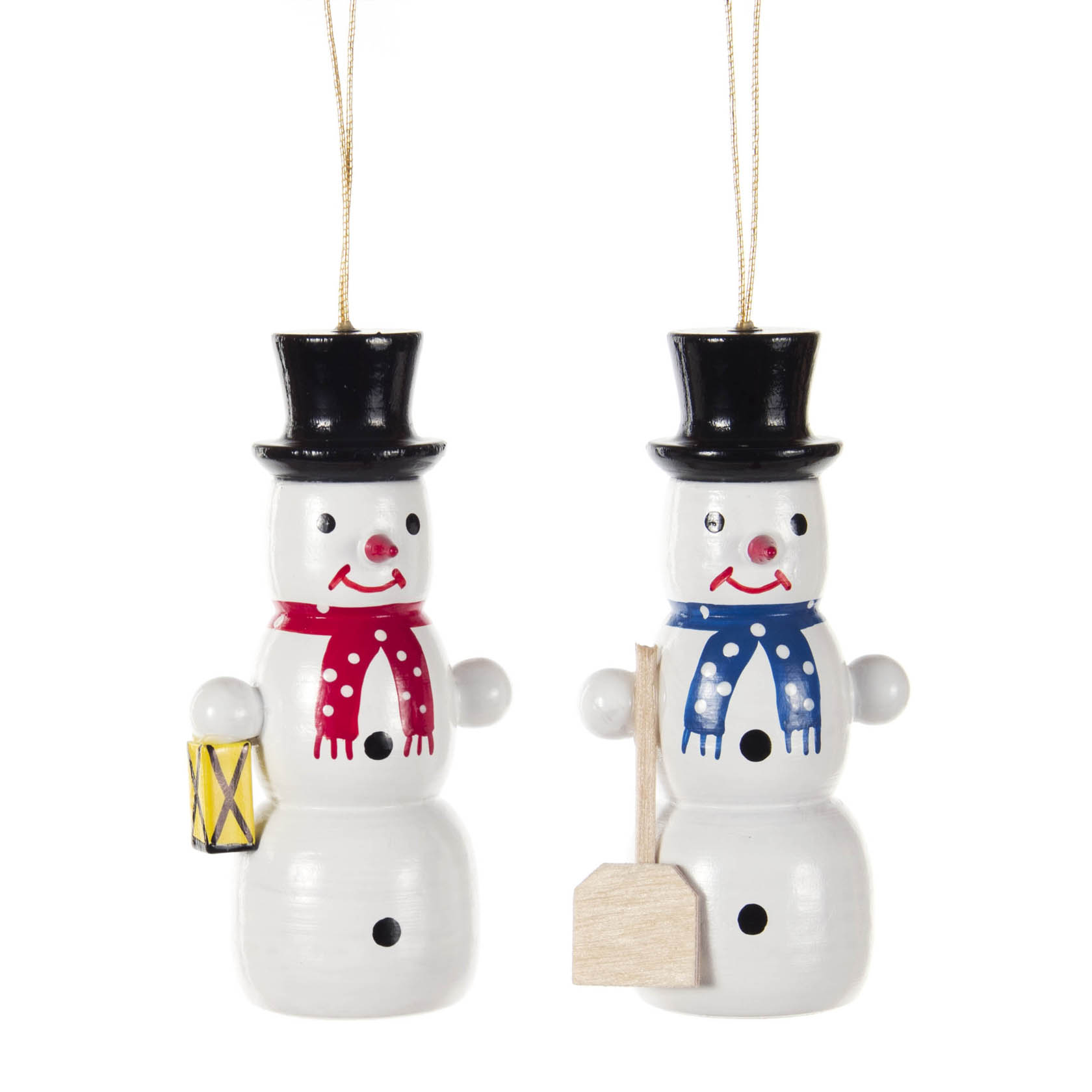 Zwei hängende Schneemann-Dekorationen, eine mit schwarzem Hut, rotem Schal und Laterne, die andere mit schwarzem Hut, blauem Schal und Schaufel. im Dregeno Online Shop günstig kaufen