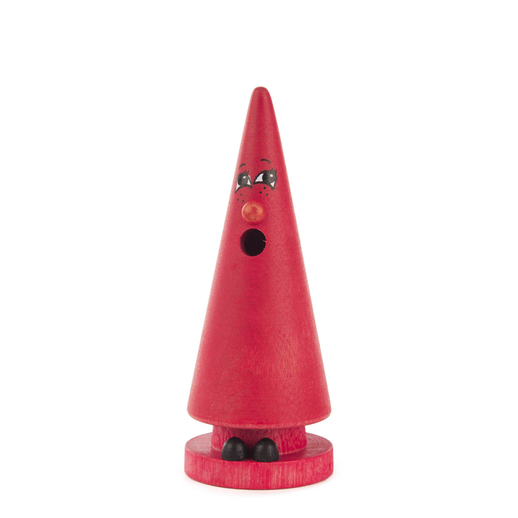 Eine rote, kegelförmige Räucherfigur mit aufgemaltem Gesicht und kleinen Füßen. im Dregeno Online Shop günstig kaufen