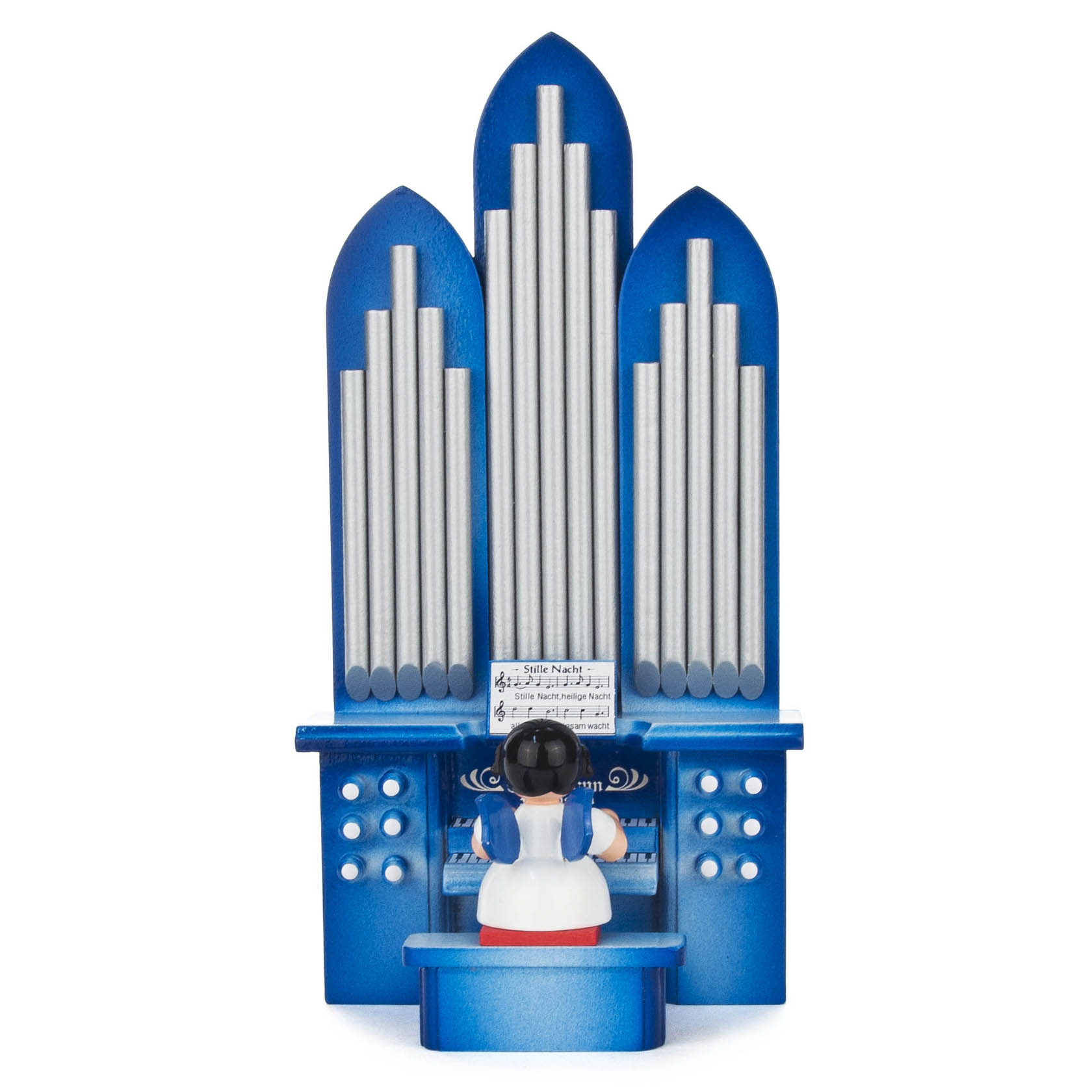 Ein Engel mit blauen Flügeln sitzt vor einer großen, blauen Orgel und spielt. Die Orgel hat drei große silberne Pfeifen. im Dregeno Online Shop günstig kaufen
