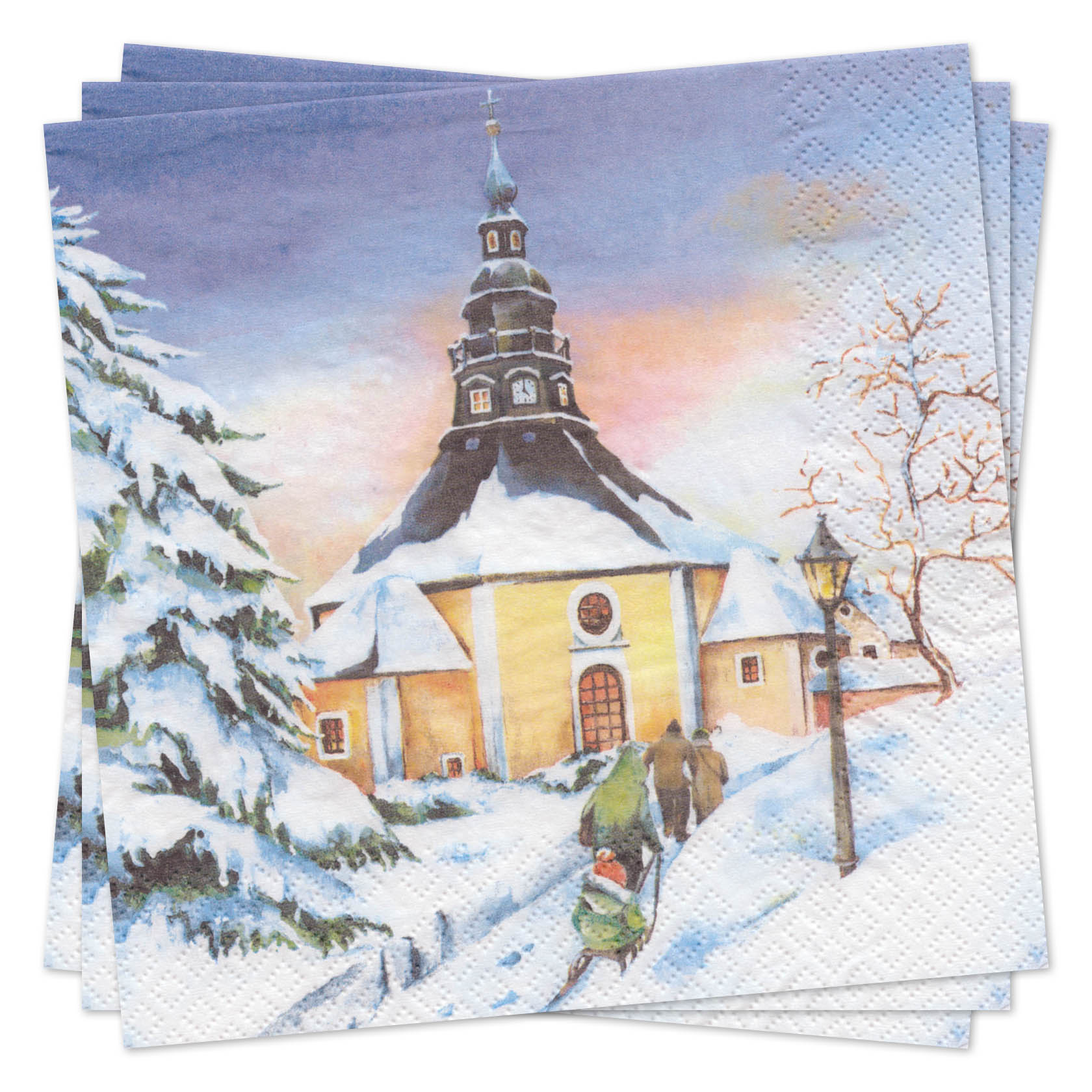 Servietten mit Winterlandschaft zeigen eine schneebedeckte Kirche mit Turm, umgeben von verschneiten Bäumen und einem Gehweg mit zwei Personen. im Dregeno Online Shop günstig kaufen