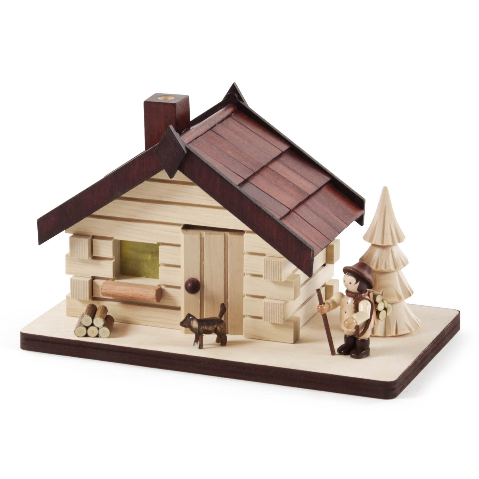 Holz-Räucherhaus in Form einer Hütte mit einem Waldarbeiter in traditioneller Kleidung und einem Hund davor. im Dregeno Online Shop günstig kaufen