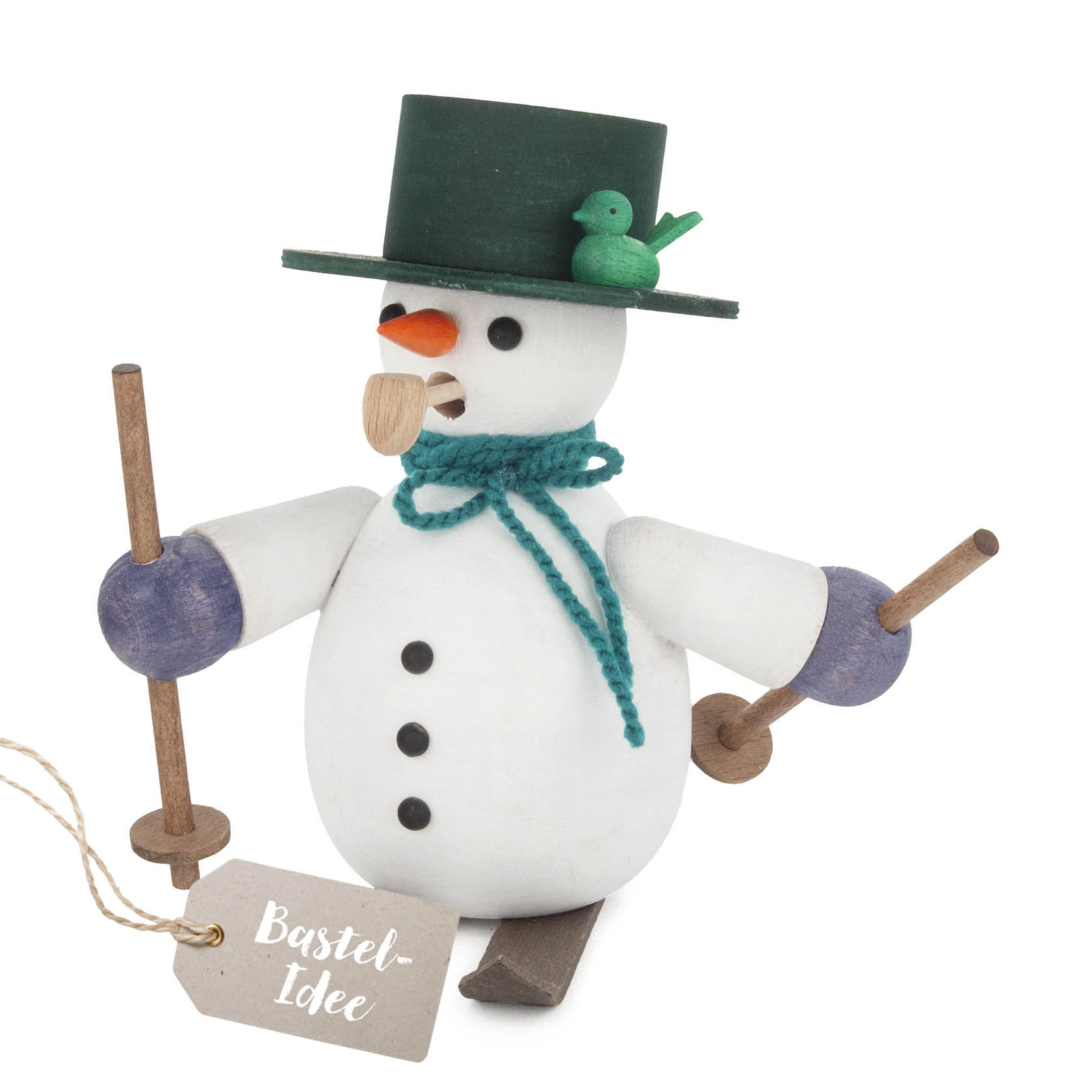Bastelset für einen ca. 14 cm großen Räuchermann in Form eines Schneemanns mit Ski, bestehend aus Holzteilen, Seil, und Karottennase. im Dregeno Online Shop günstig kaufen