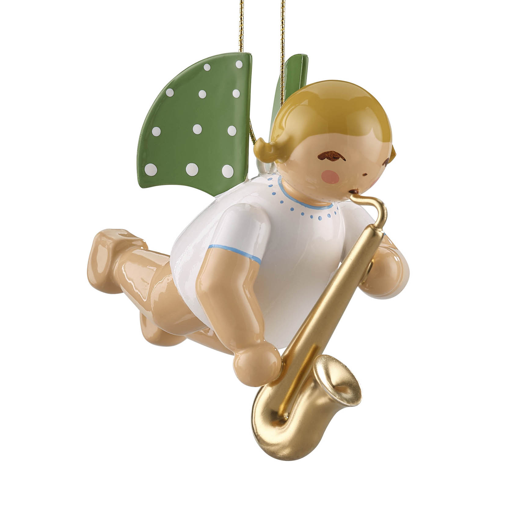 Fliegender Engel mit goldenen Flügeln, spielt Saxophon, trägt weißes Hemd mit blauen Details und grüne Flügel mit weißen Punkten. im Dregeno Online Shop günstig kaufen