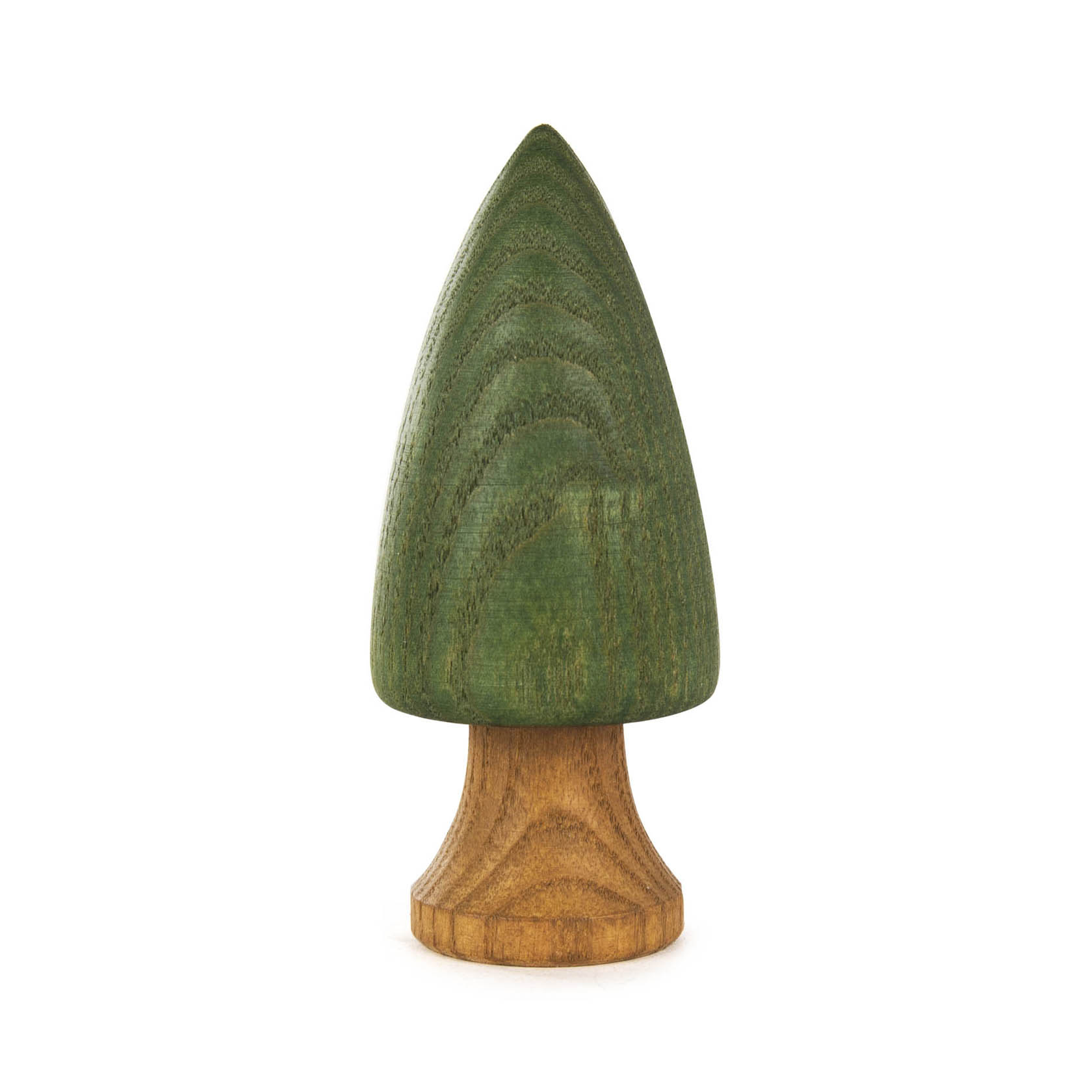 Ein handgeschnitzter, grün bemalter Holztannenbaum mit rundem braunen Stamm, etwa 9 cm hoch. im Dregeno Online Shop günstig kaufen