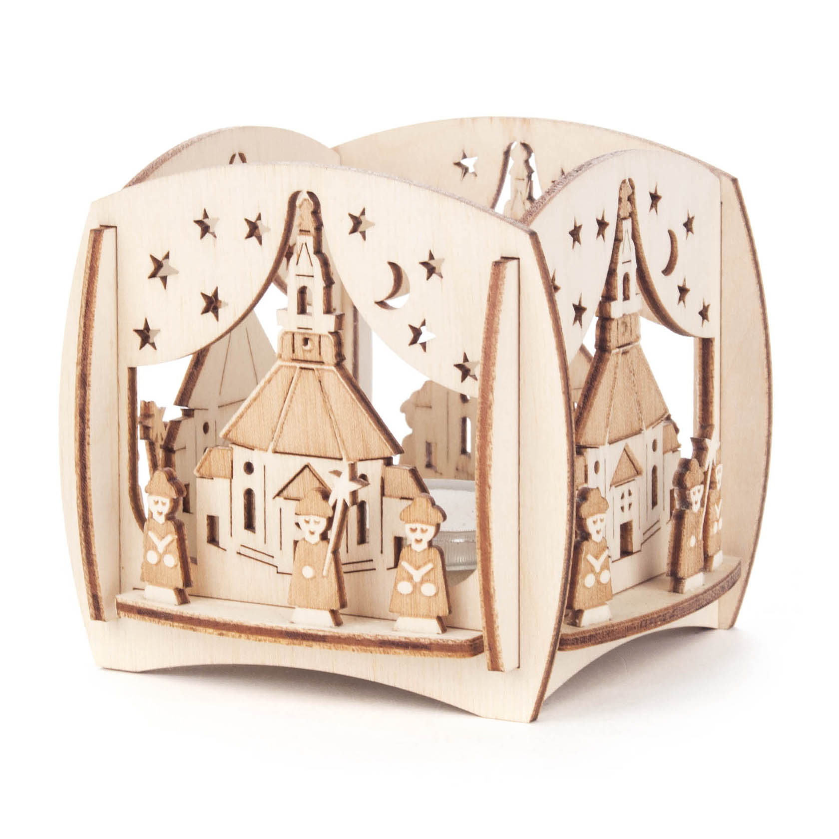 Holz-Teelichthalter in Form der Seiffener Kirche mit Kurrende-Sängerfiguren, verziert mit Sternen und Mond. im Dregeno Online Shop günstig kaufen