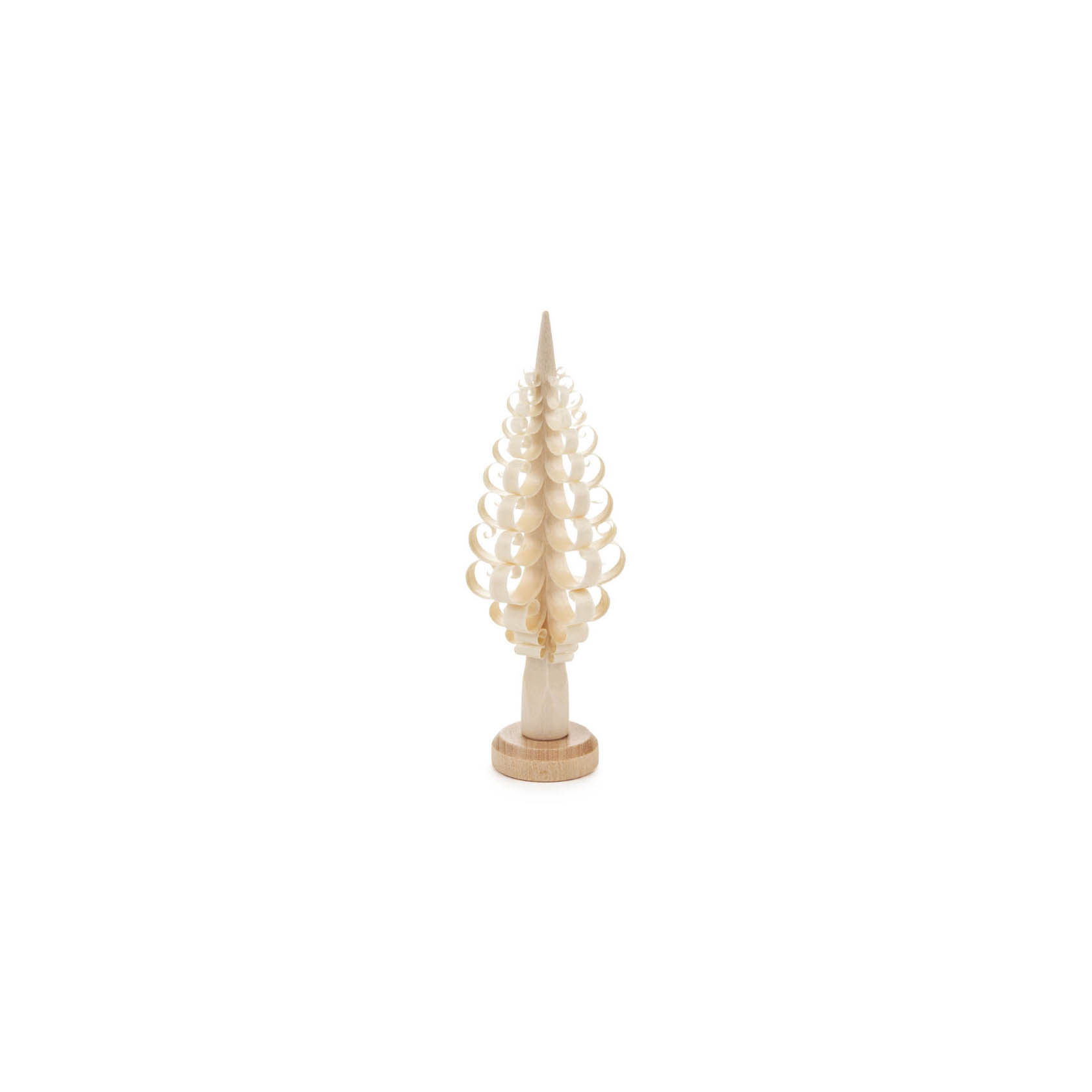 Ein filigraner, naturbelassener Spanbaum auf rundem Sockel. Der Baum ist 10 cm hoch und hat spiralförmig geschnitzte Äste. im Dregeno Online Shop günstig kaufen