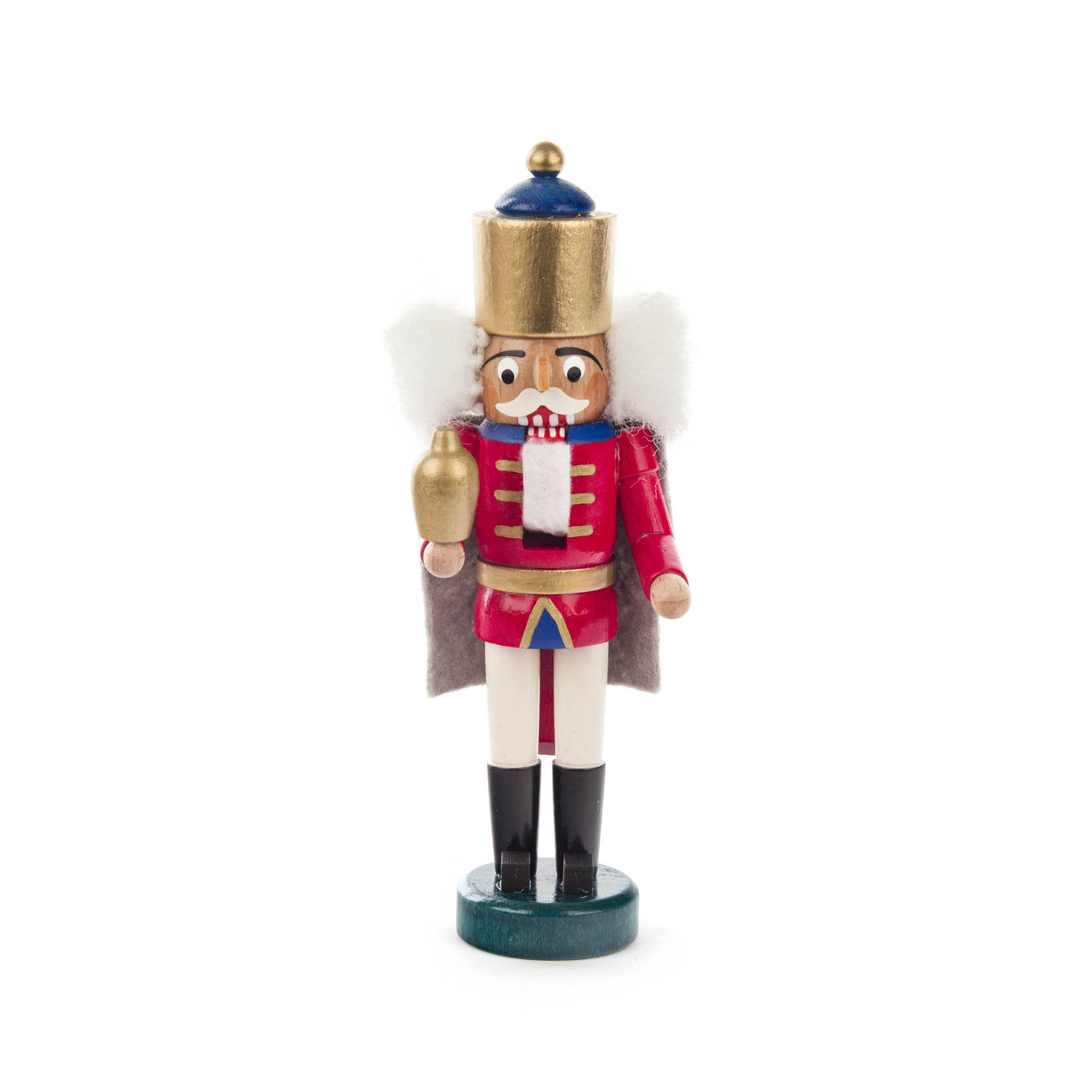 Ein Mini-Nussknacker, 14 cm groß, namens Caspar, trägt eine rote Uniform mit goldenen Akzenten, einem blauen Umhang und einer goldenen Krone. im Dregeno Online Shop günstig kaufen